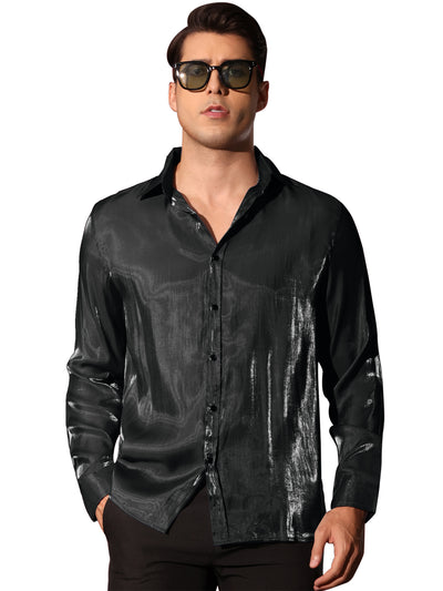 Shiny Satin Shirts for Men's Long Sleeves Button Down Prom Wedding Party Shirt