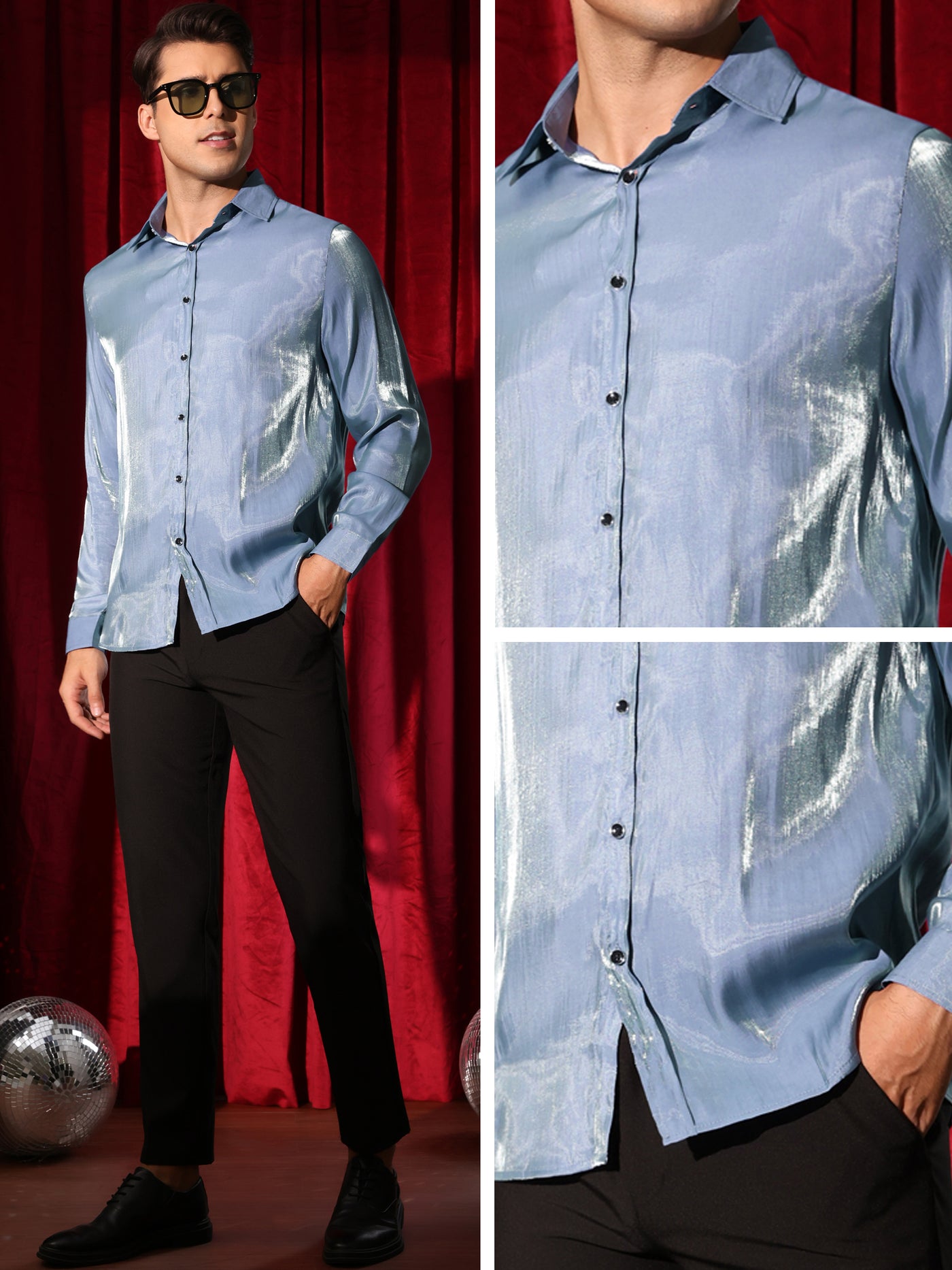 Bublédon Shiny Satin Shirts for Men's Long Sleeves Button Down Prom Wedding Party Shirt