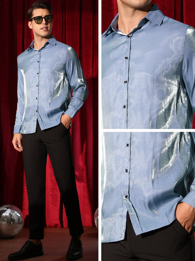 Shiny Satin Shirts for Men's Long Sleeves Button Down Prom Wedding Party Shirt