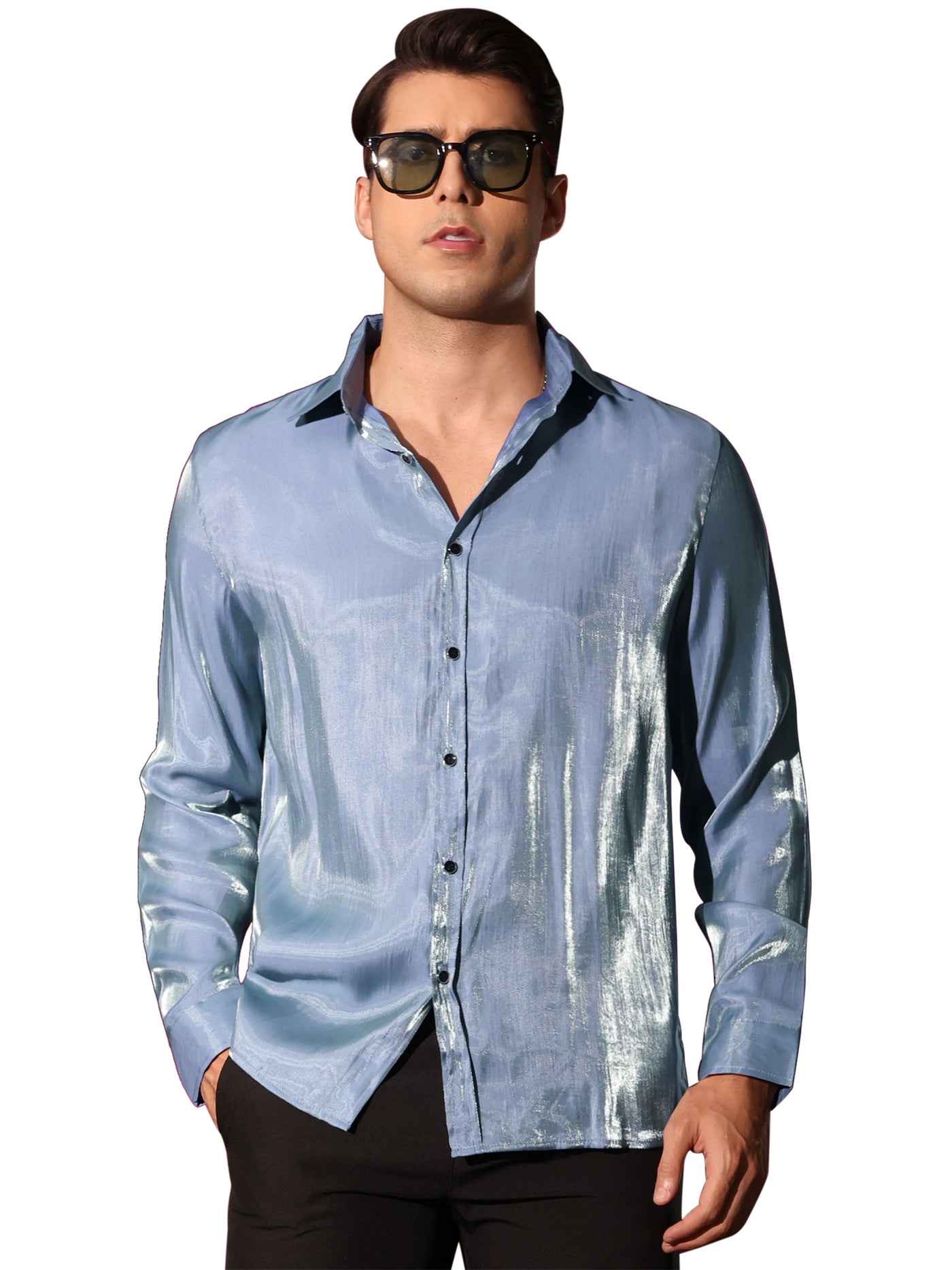 Bublédon Shiny Satin Shirts for Men's Long Sleeves Button Down Prom Wedding Party Shirt