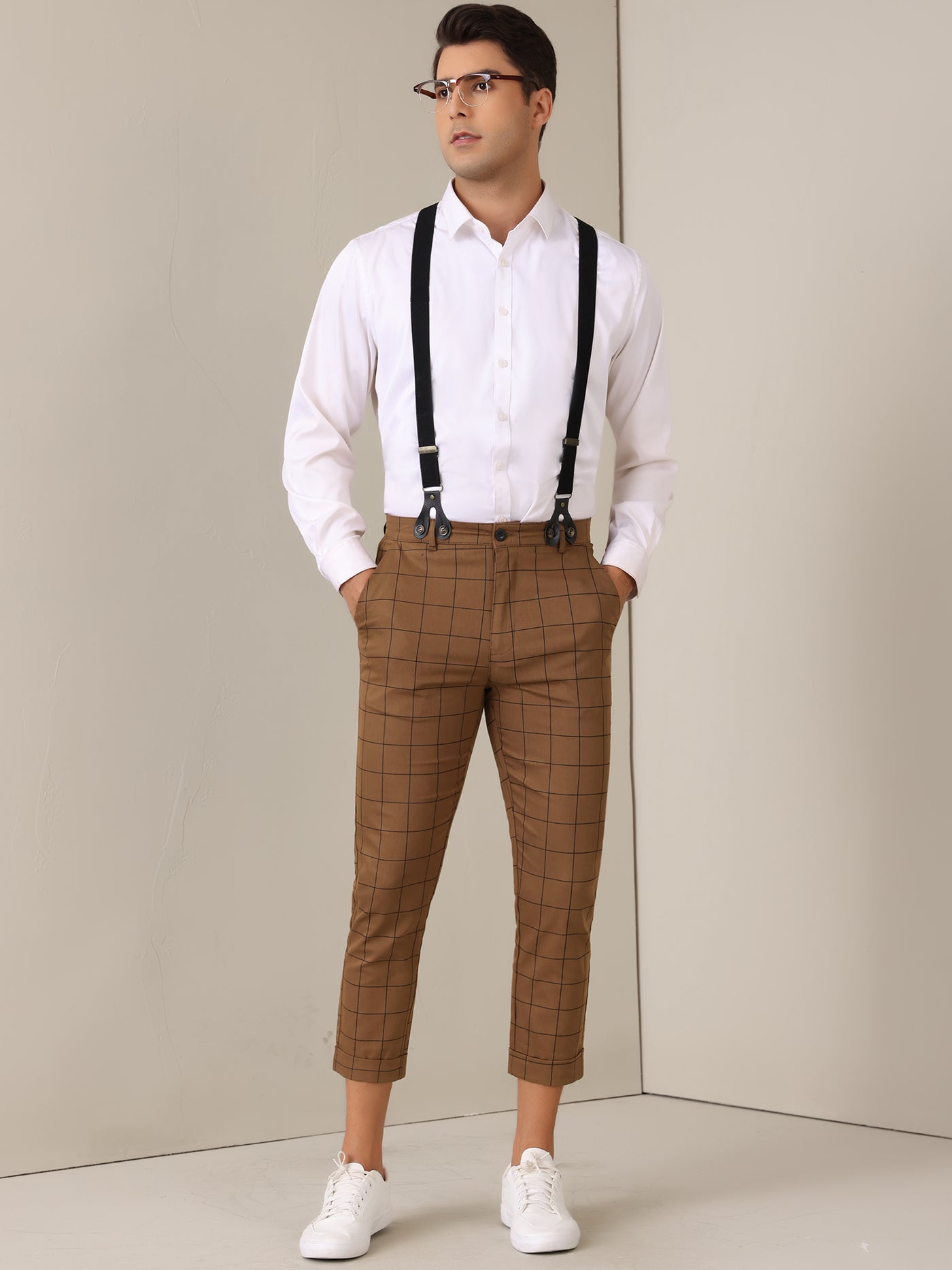 Bublédon Plaid Cropped Pants for Men's Tapered Leg Formal Checked Trousers with Suspender