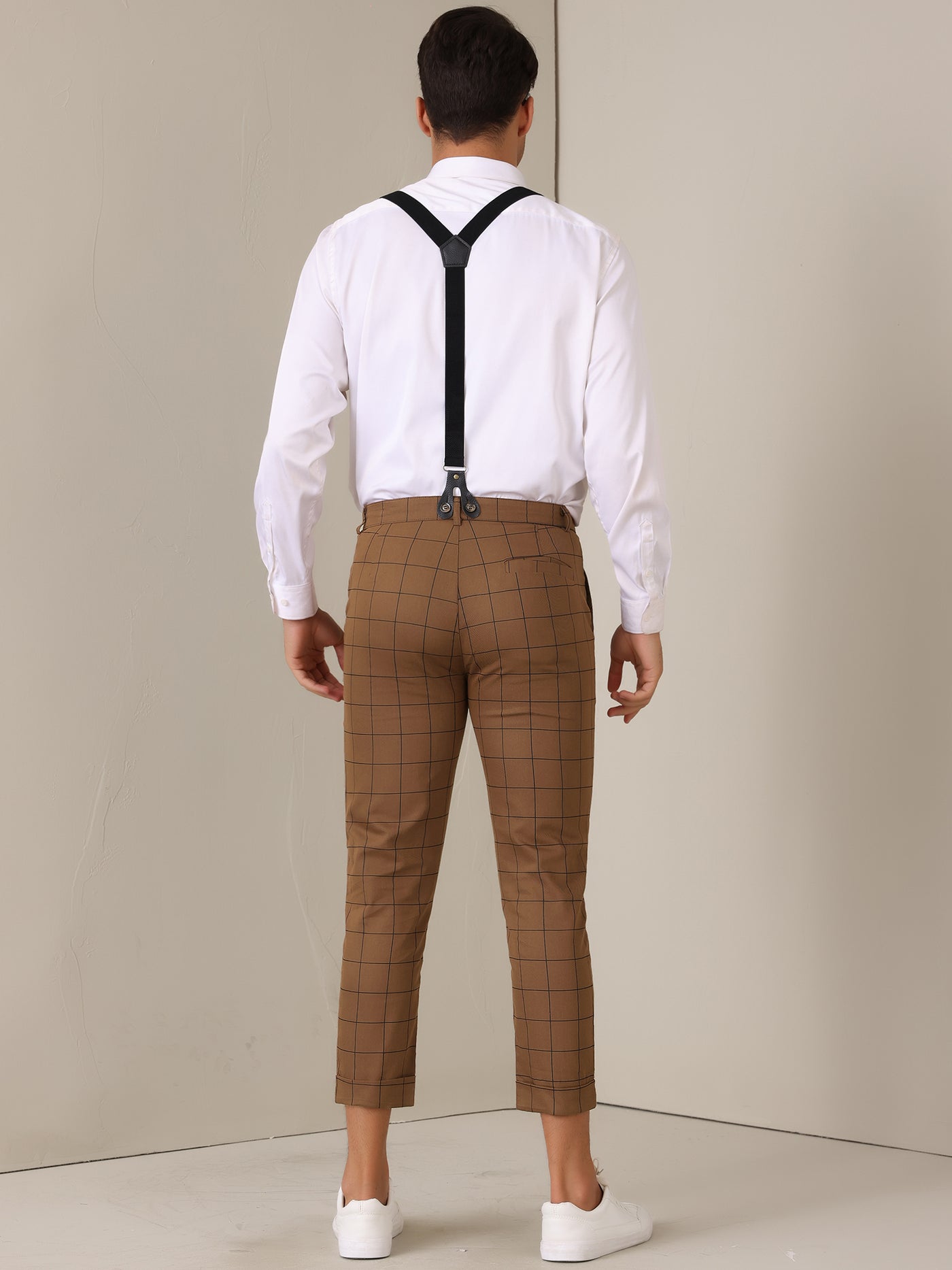 Bublédon Plaid Cropped Pants for Men's Tapered Leg Formal Checked Trousers with Suspender