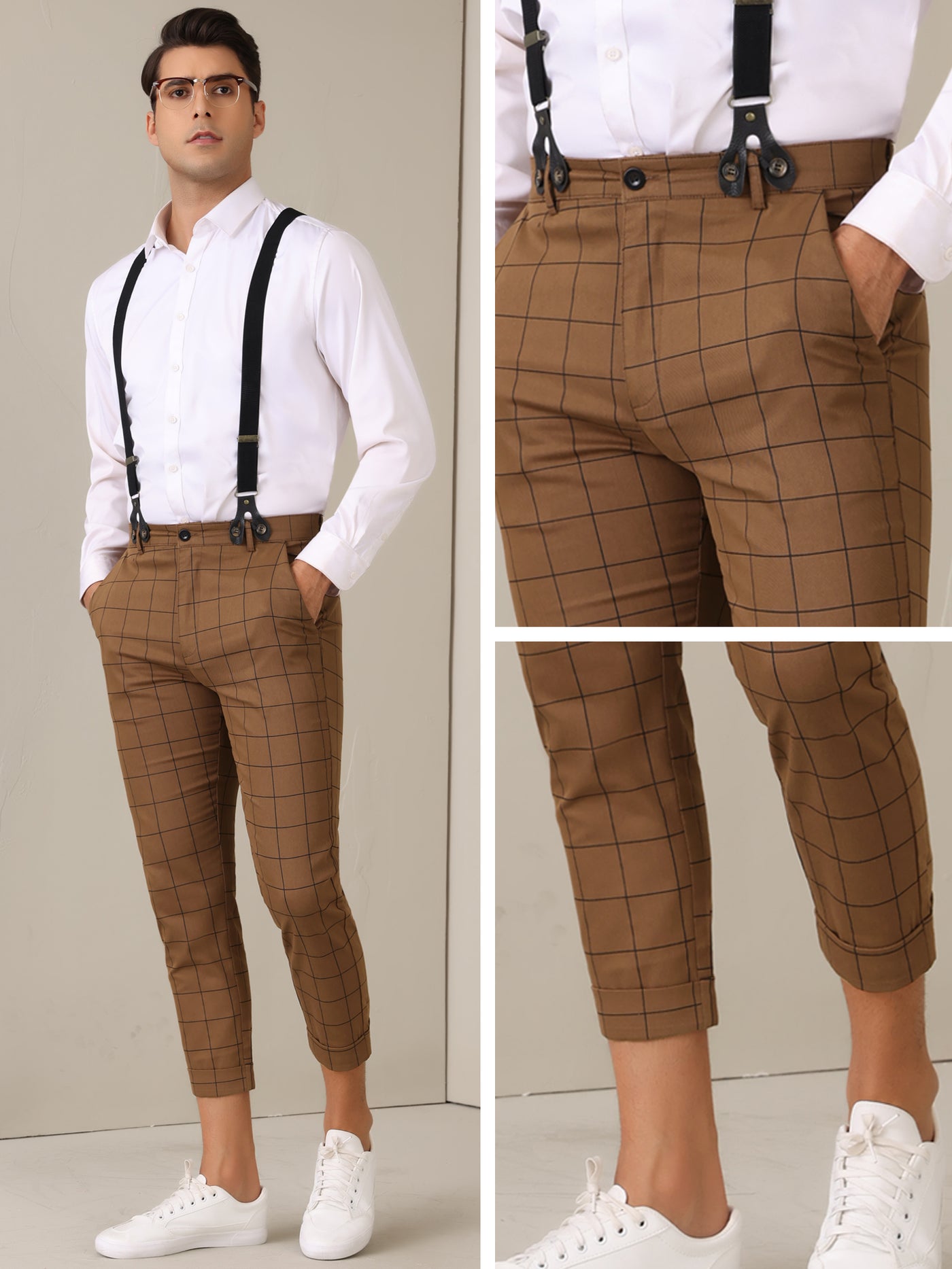 Bublédon Plaid Cropped Pants for Men's Tapered Leg Formal Checked Trousers with Suspender