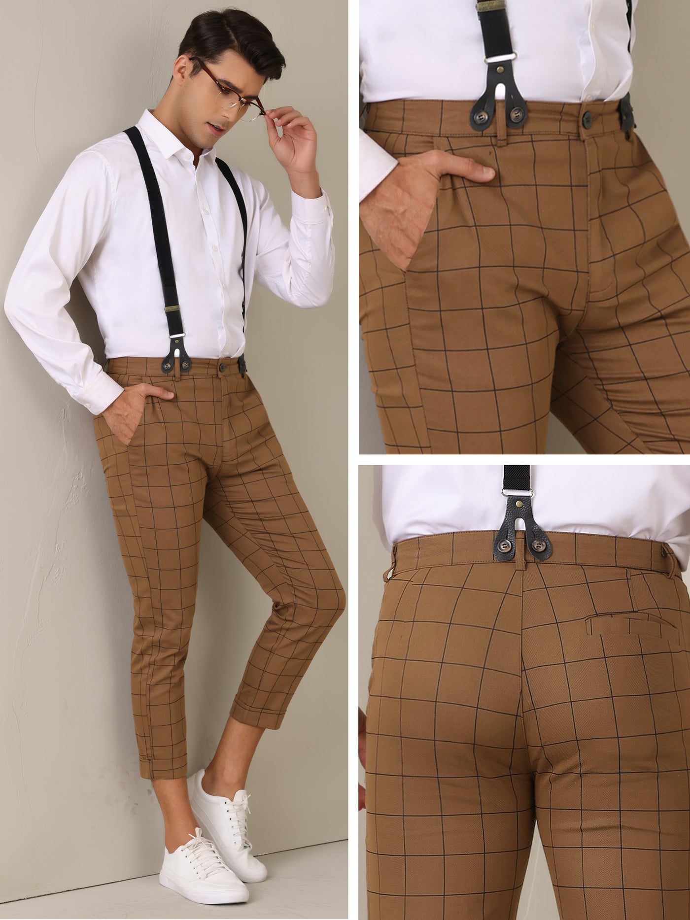 Bublédon Plaid Cropped Pants for Men's Tapered Leg Formal Checked Trousers with Suspender