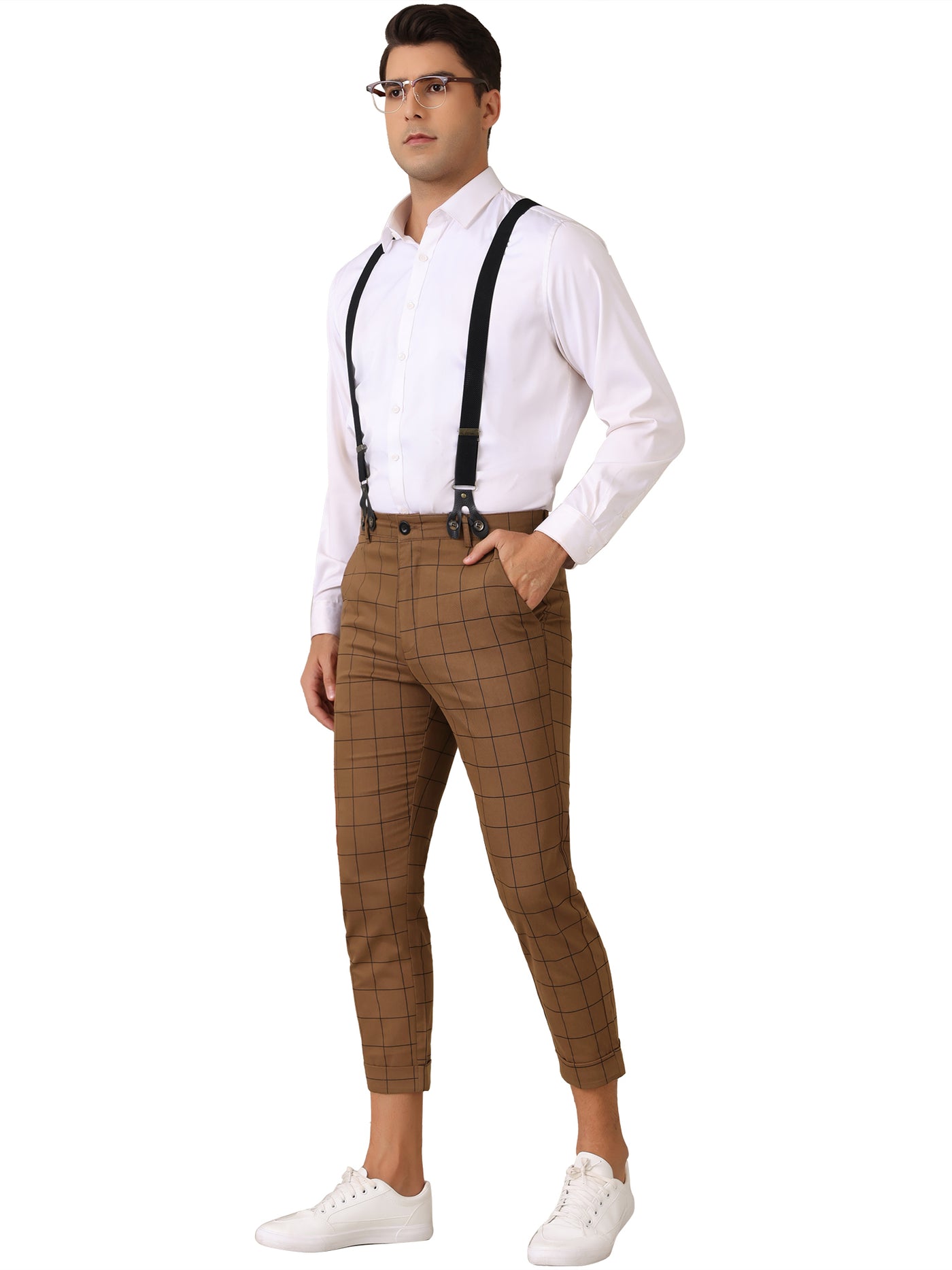 Bublédon Plaid Cropped Pants for Men's Tapered Leg Formal Checked Trousers with Suspender