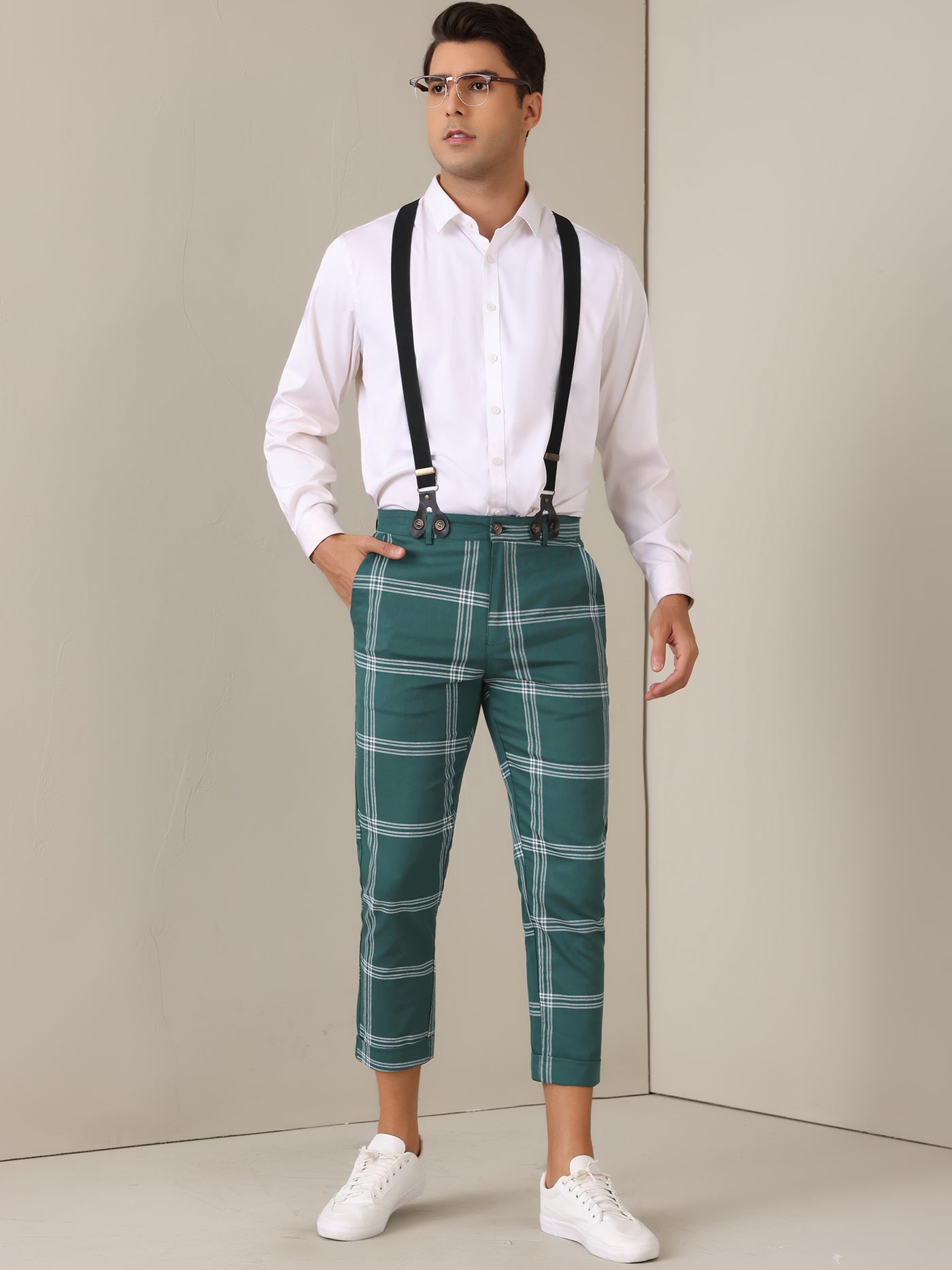 Bublédon Plaid Cropped Pants for Men's Tapered Leg Formal Checked Trousers with Suspender