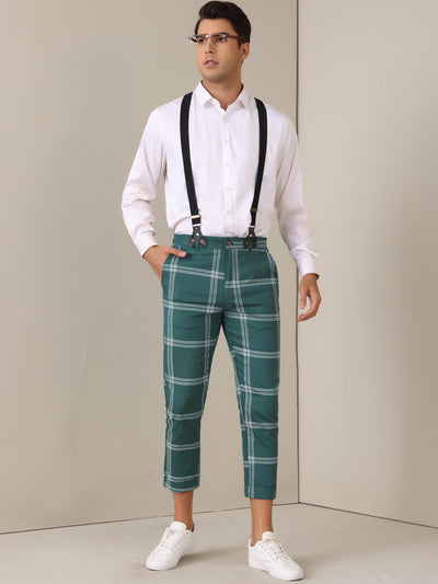 Plaid Cropped Pants for Men's Tapered Leg Formal Checked Trousers with Suspender