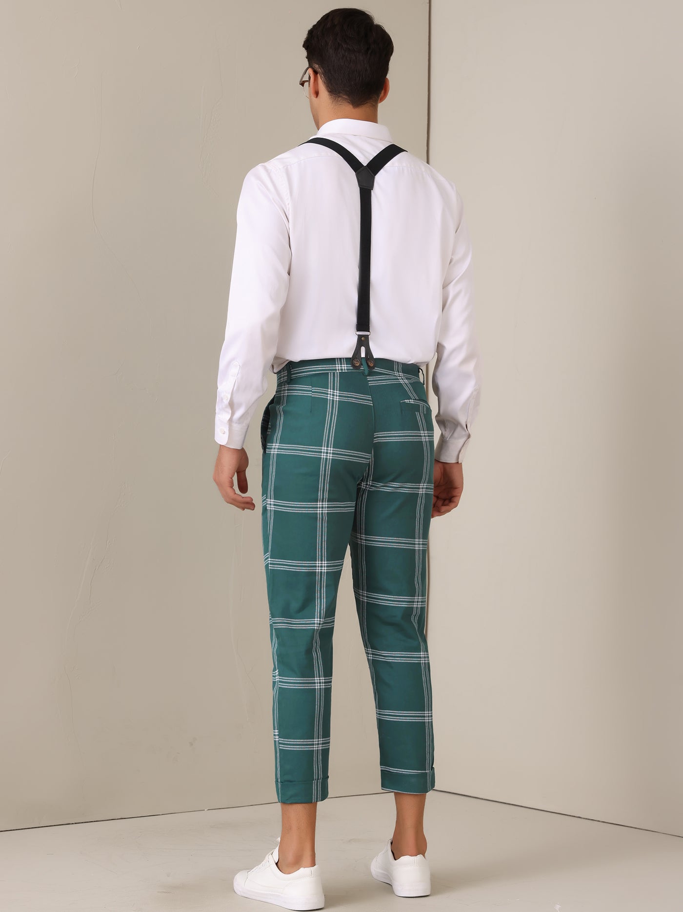 Bublédon Plaid Cropped Pants for Men's Tapered Leg Formal Checked Trousers with Suspender