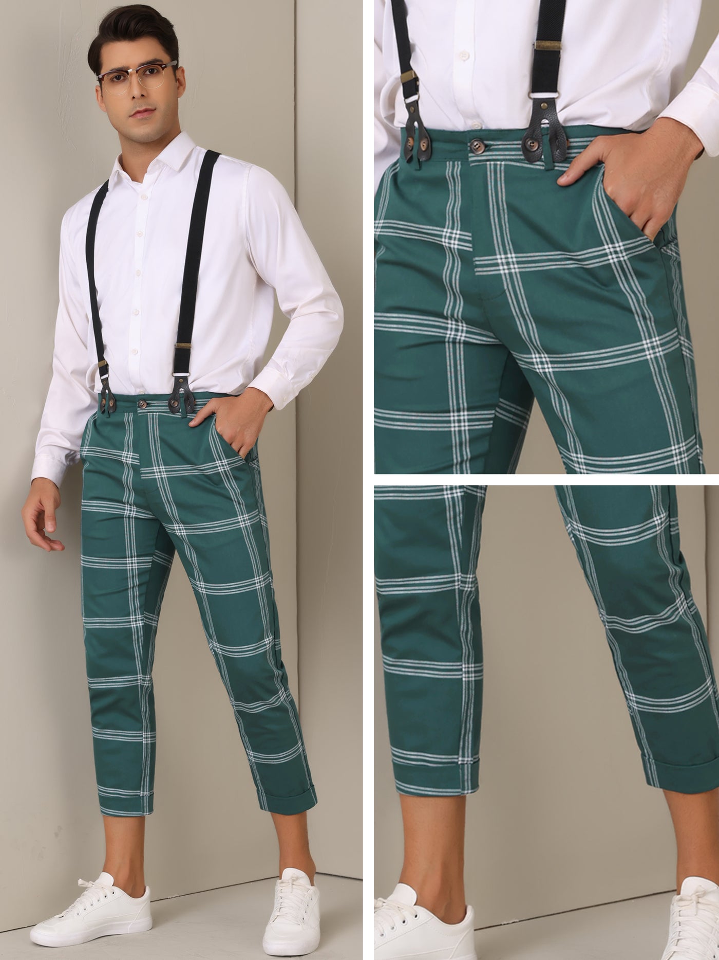 Bublédon Plaid Cropped Pants for Men's Tapered Leg Formal Checked Trousers with Suspender