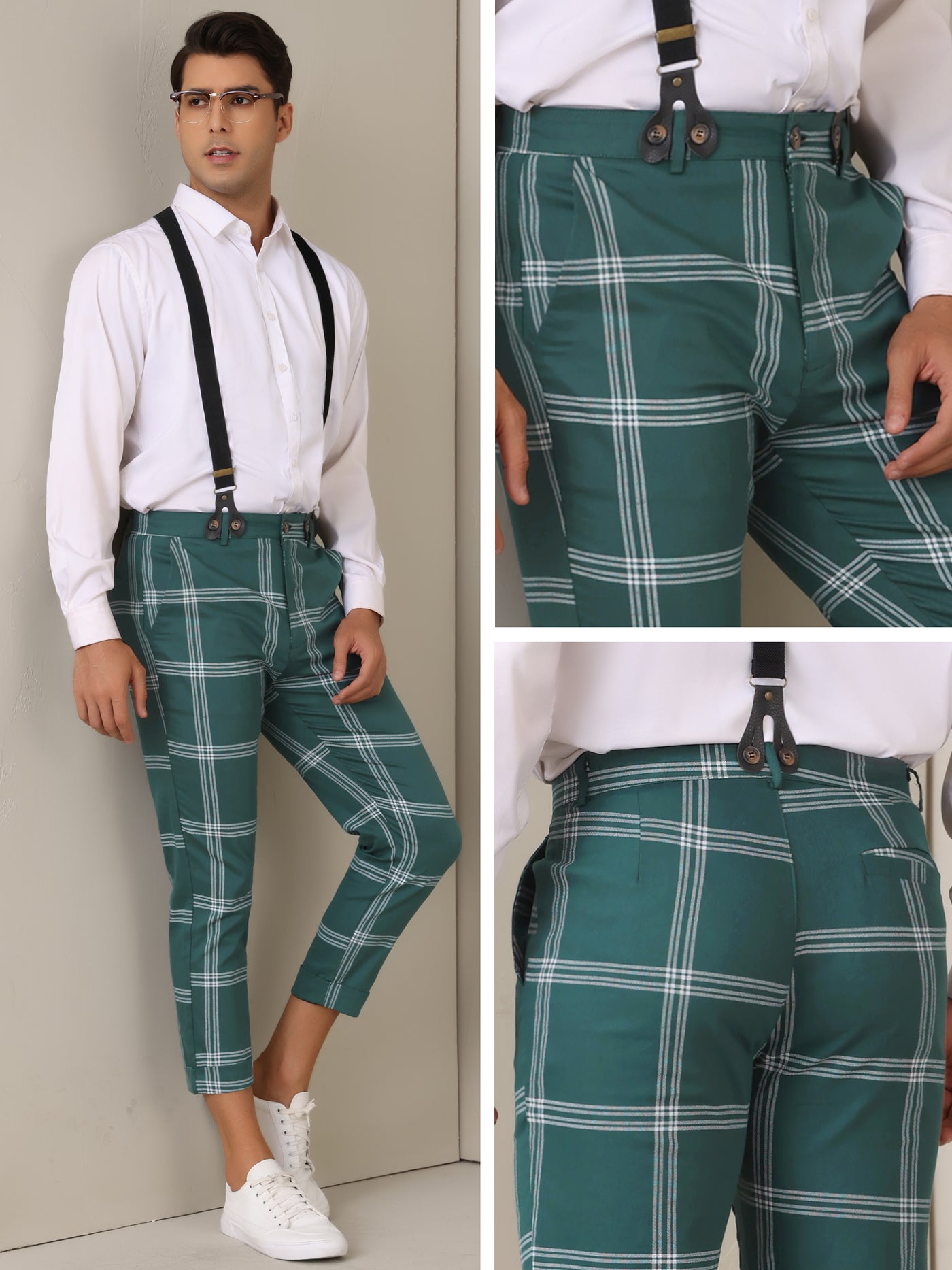 Bublédon Plaid Cropped Pants for Men's Tapered Leg Formal Checked Trousers with Suspender