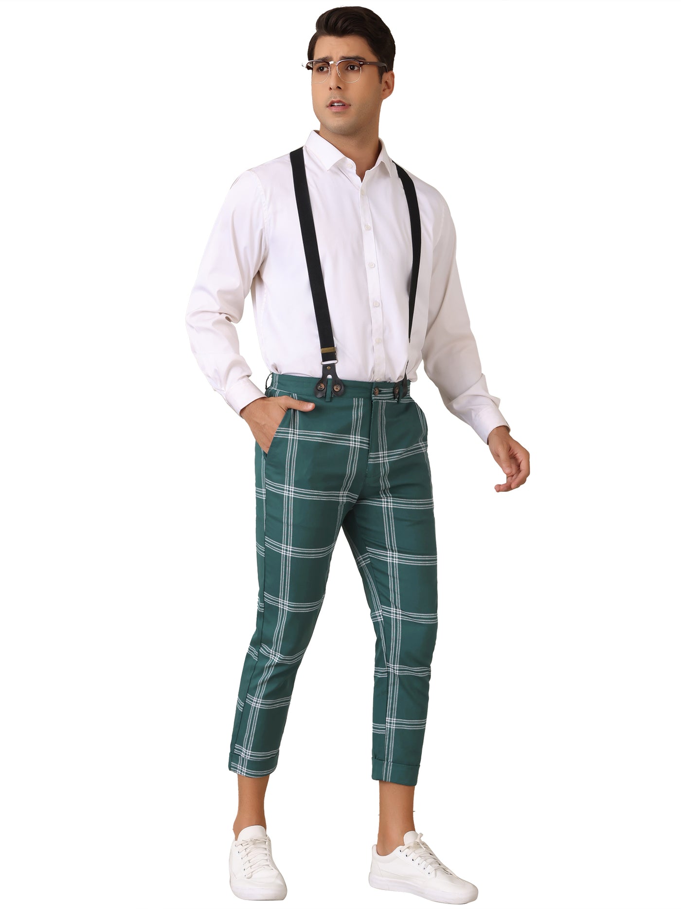 Bublédon Plaid Cropped Pants for Men's Tapered Leg Formal Checked Trousers with Suspender