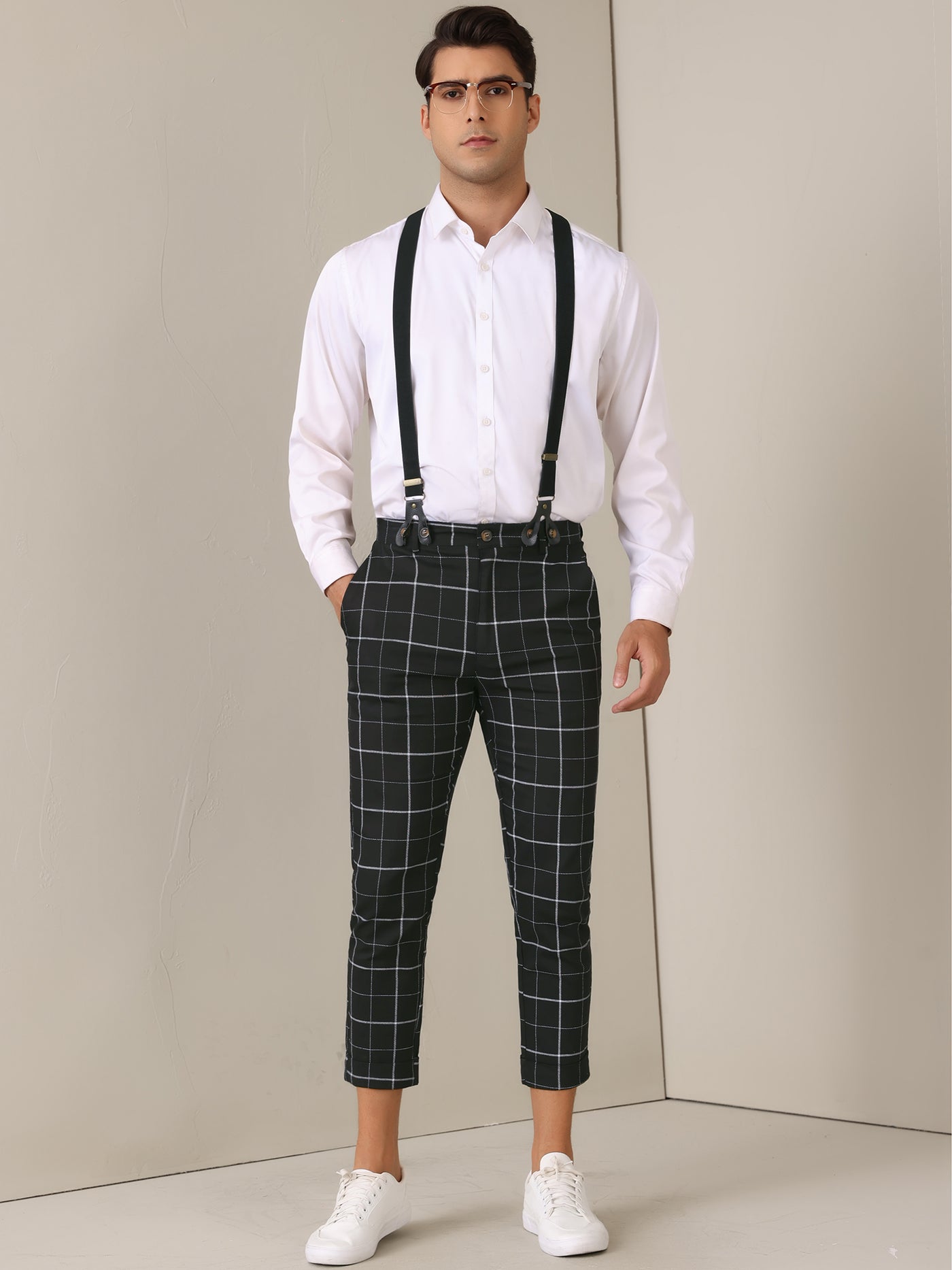 Bublédon Plaid Cropped Pants for Men's Tapered Leg Formal Checked Trousers with Suspender