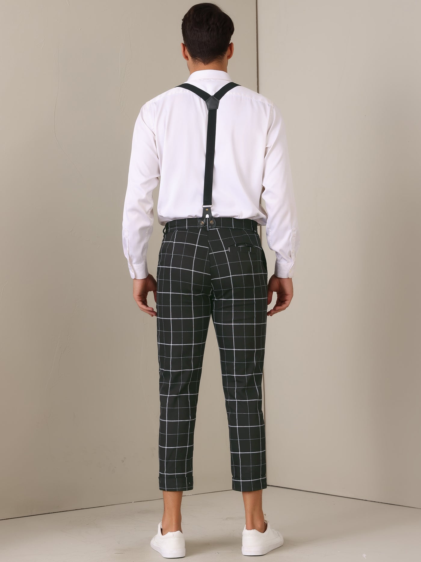 Bublédon Plaid Cropped Pants for Men's Tapered Leg Formal Checked Trousers with Suspender