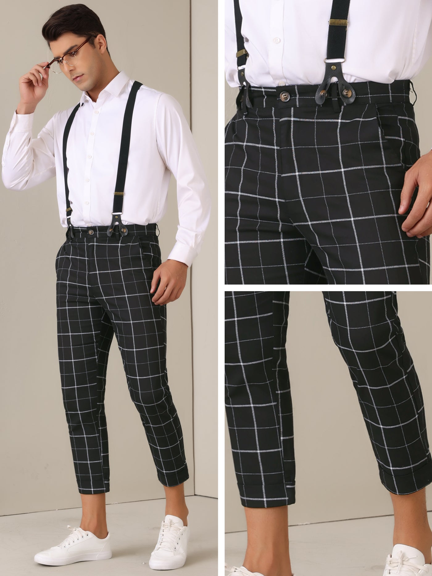 Bublédon Plaid Cropped Pants for Men's Tapered Leg Formal Checked Trousers with Suspender