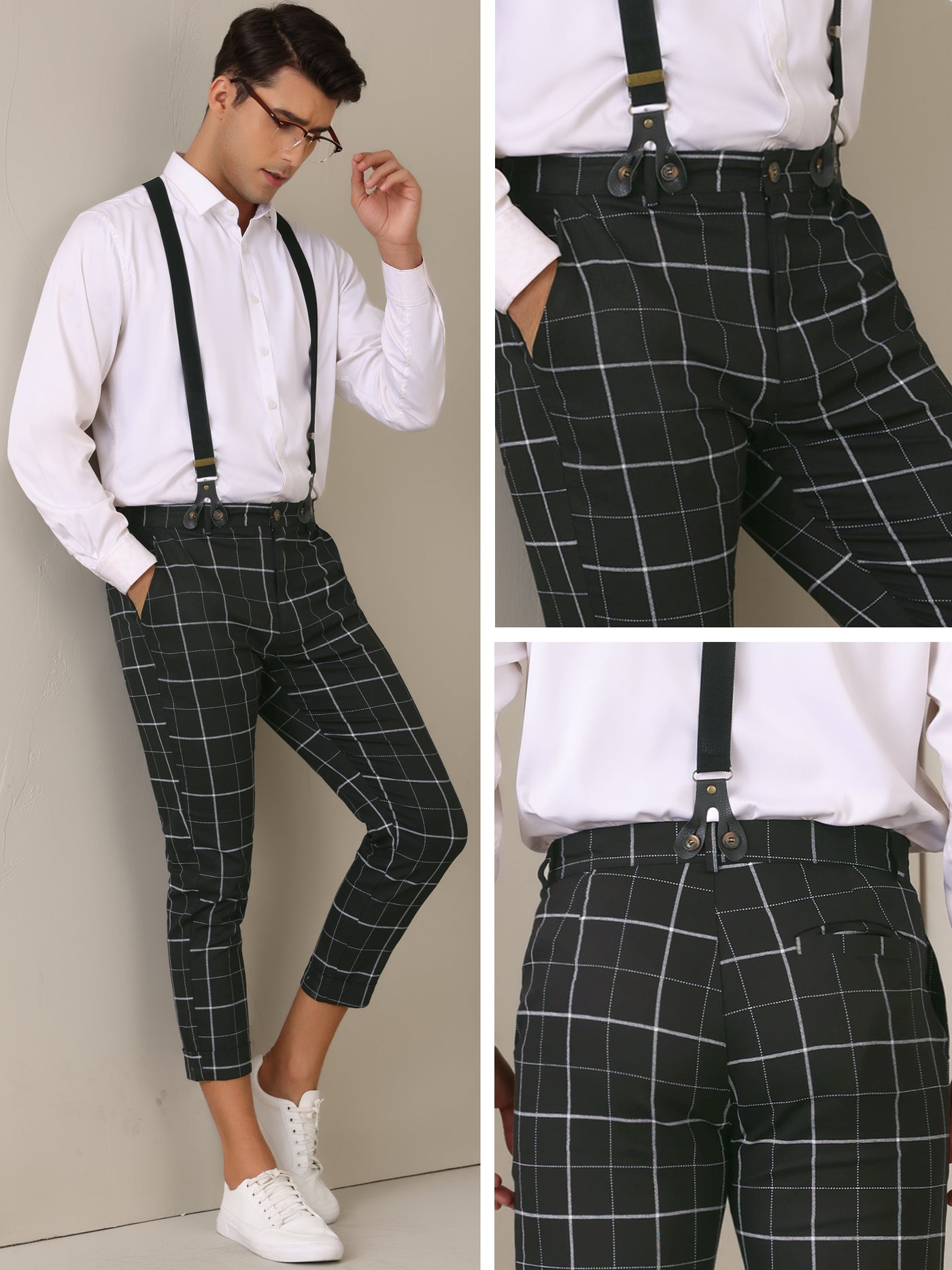 Bublédon Plaid Cropped Pants for Men's Tapered Leg Formal Checked Trousers with Suspender