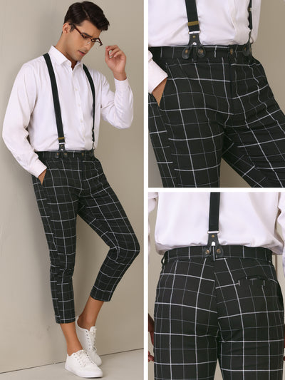 Plaid Cropped Pants for Men's Tapered Leg Formal Checked Trousers with Suspender