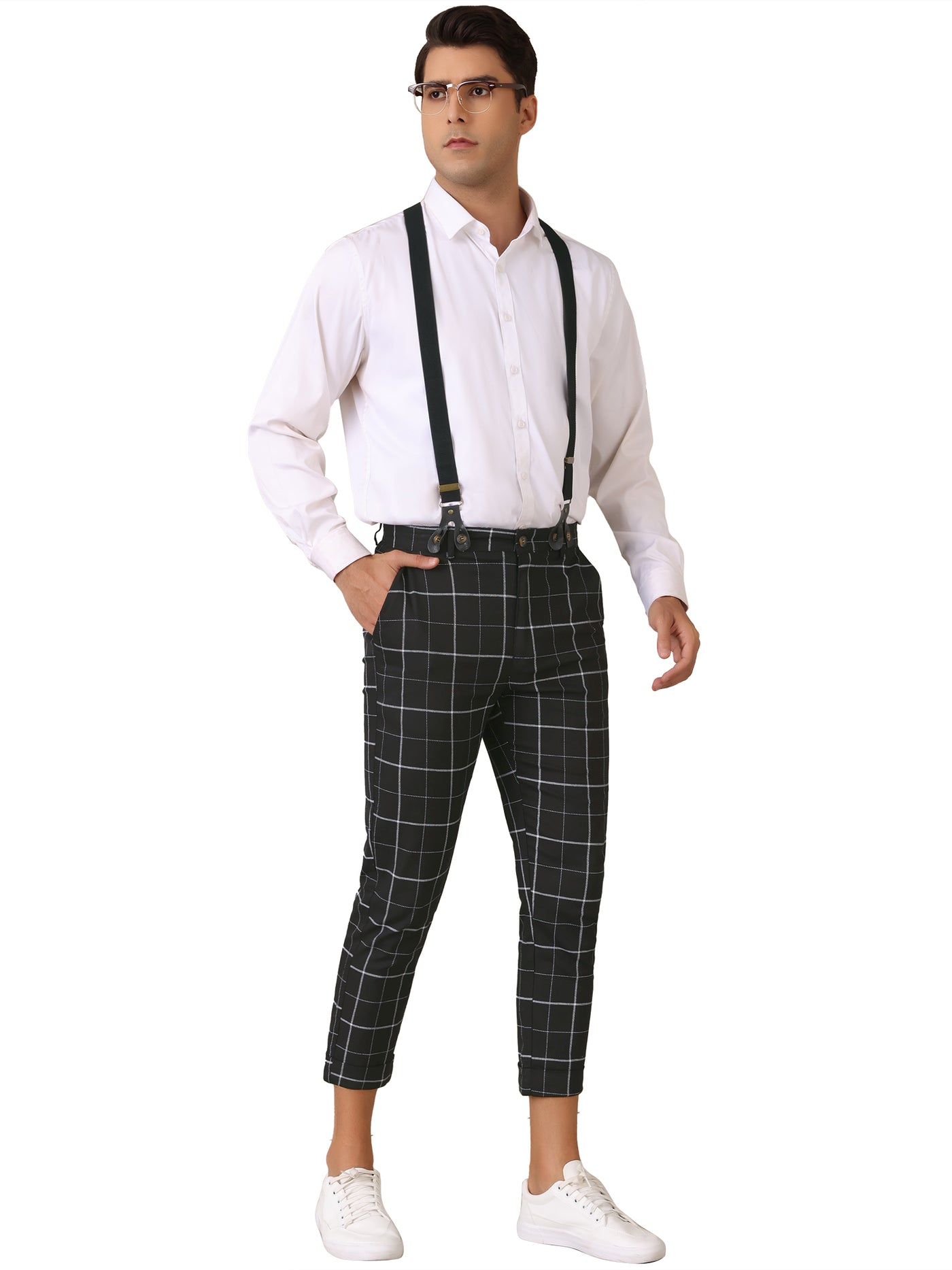 Bublédon Plaid Cropped Pants for Men's Tapered Leg Formal Checked Trousers with Suspender