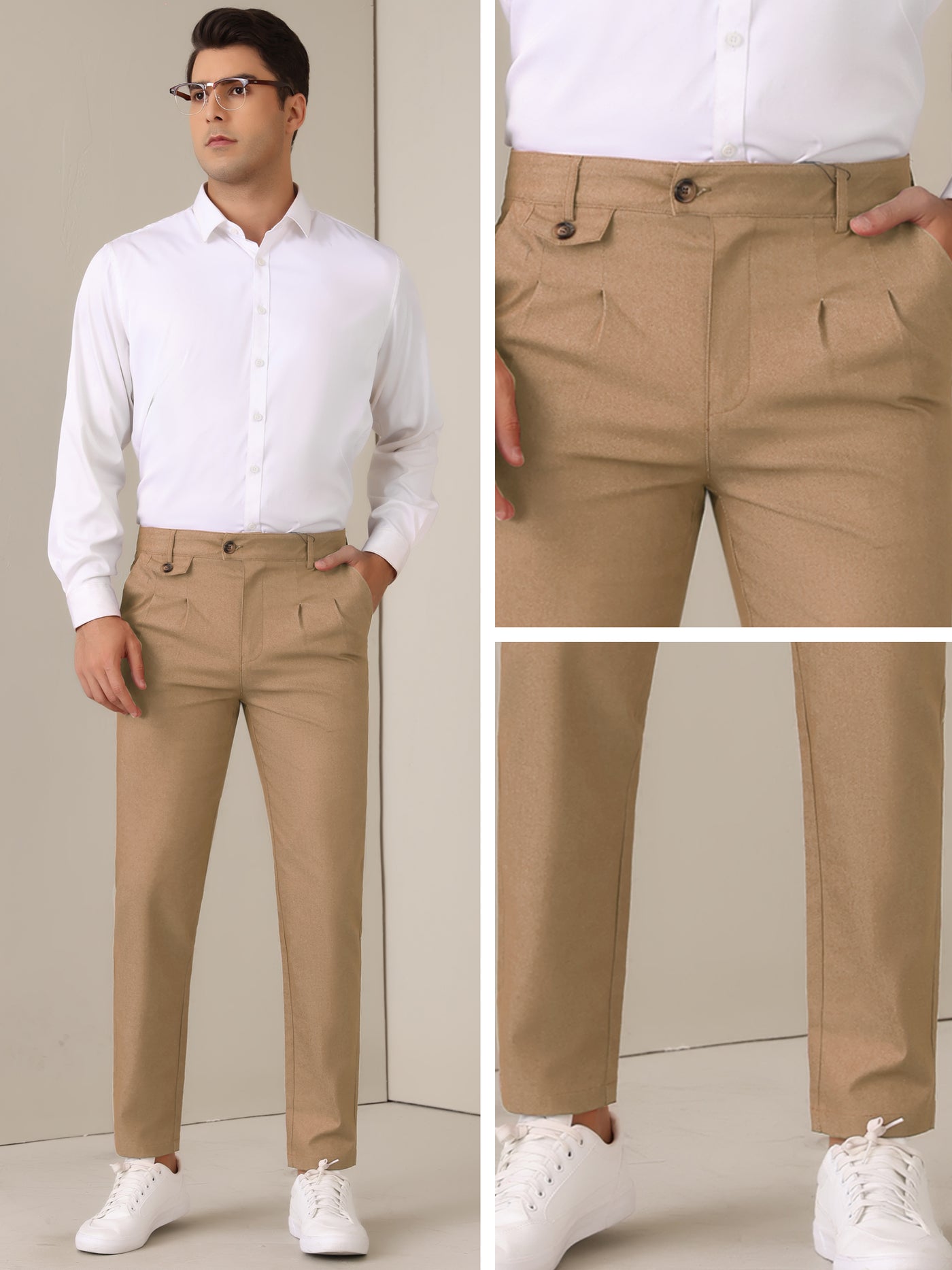 Bublédon Dress Pants for Men's Pleated Front Tapered Leg Business Chino Trousers