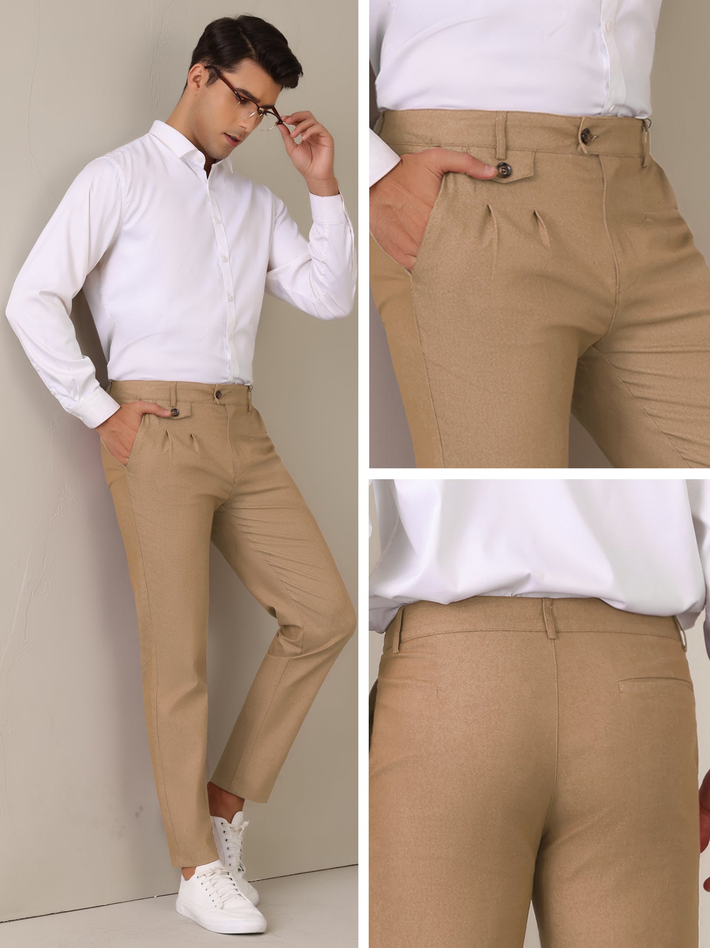 Bublédon Dress Pants for Men's Pleated Front Tapered Leg Business Chino Trousers