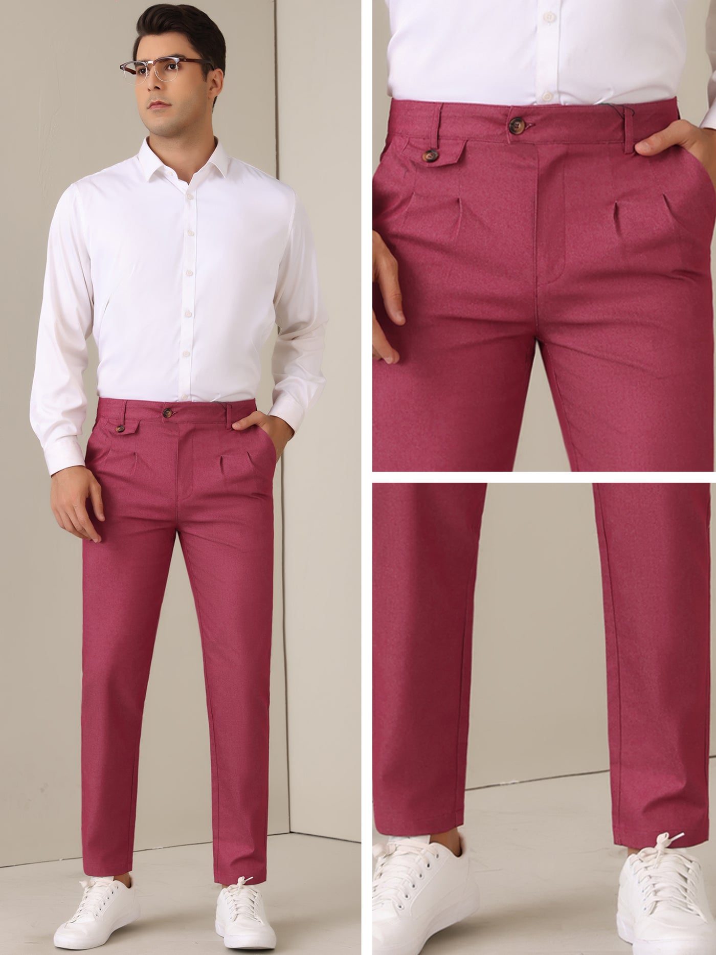 Bublédon Dress Pants for Men's Pleated Front Tapered Leg Business Chino Trousers