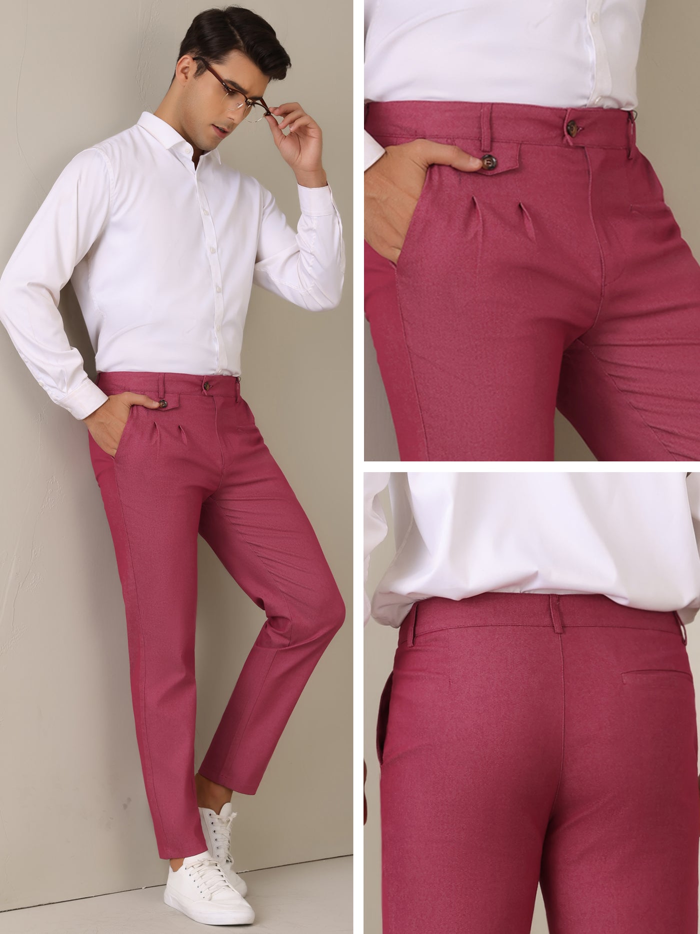 Bublédon Dress Pants for Men's Pleated Front Tapered Leg Business Chino Trousers