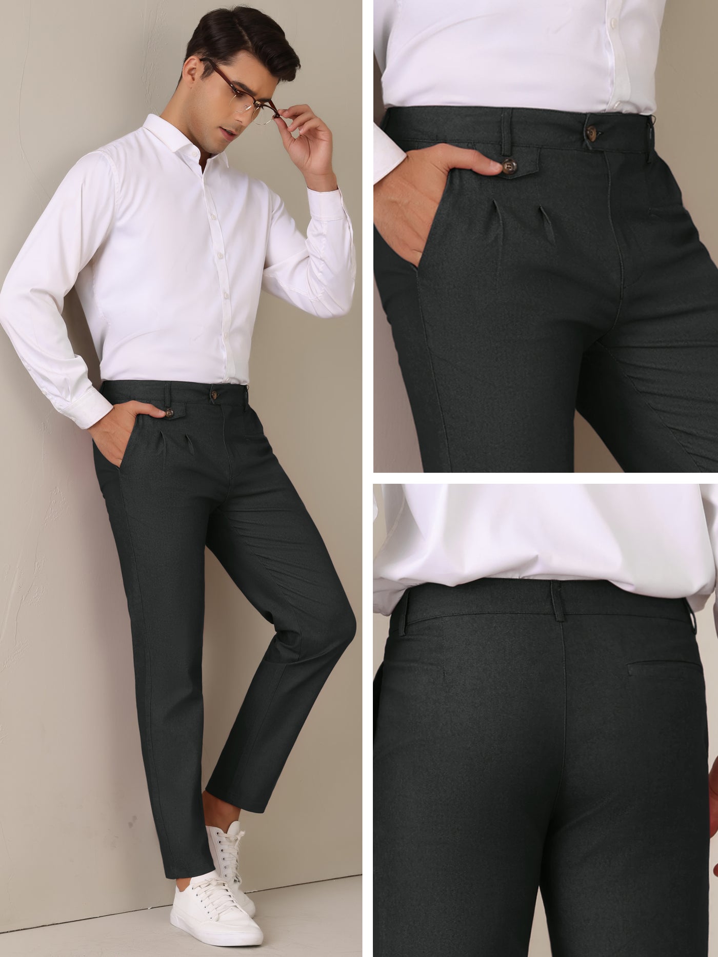 Bublédon Dress Pants for Men's Pleated Front Tapered Leg Business Chino Trousers