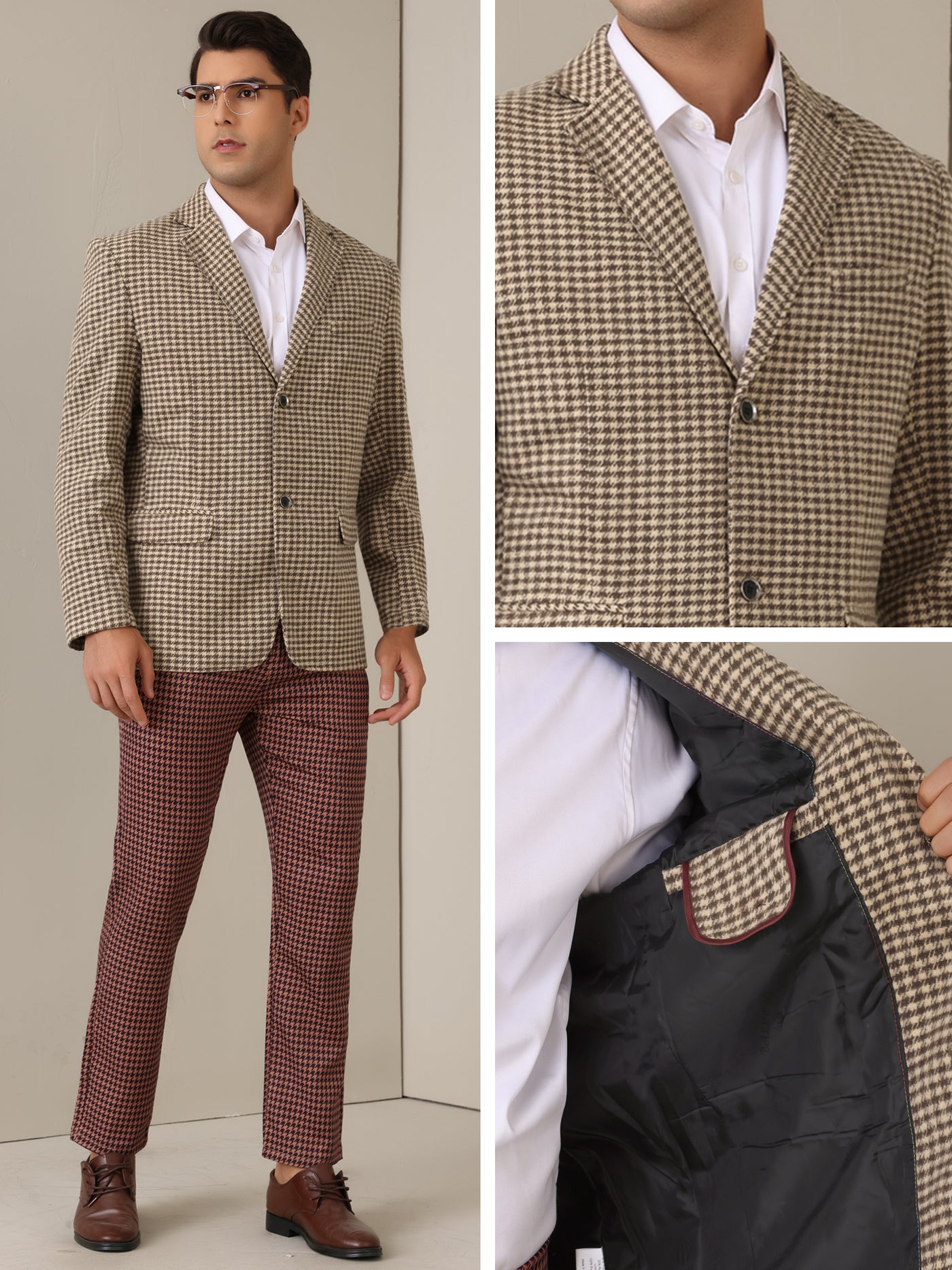 Bublédon Houndstooth Blazer for Men's Classic Fit Business Two Button Plaid Sports Coat