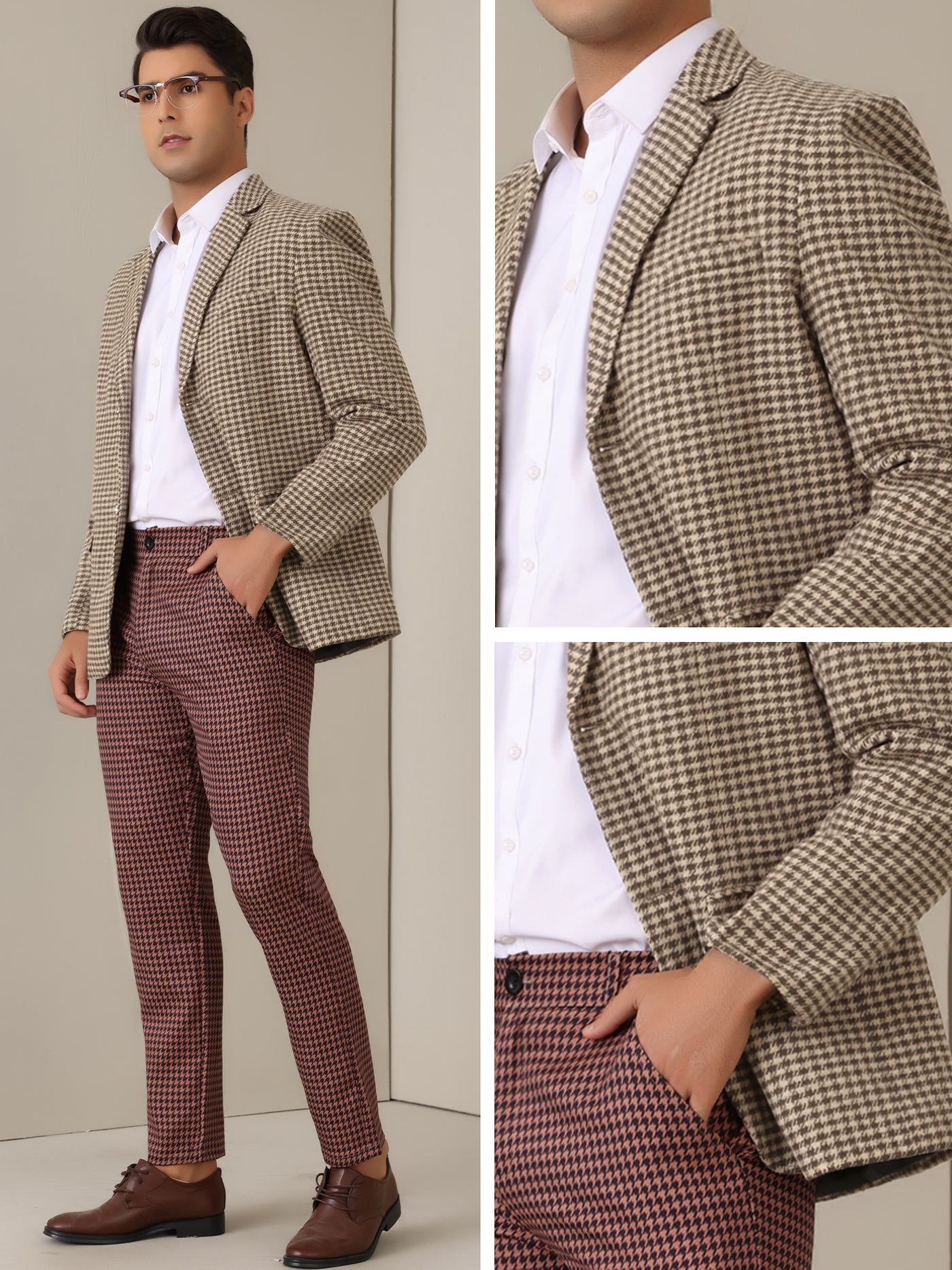 Bublédon Houndstooth Blazer for Men's Classic Fit Business Two Button Plaid Sports Coat