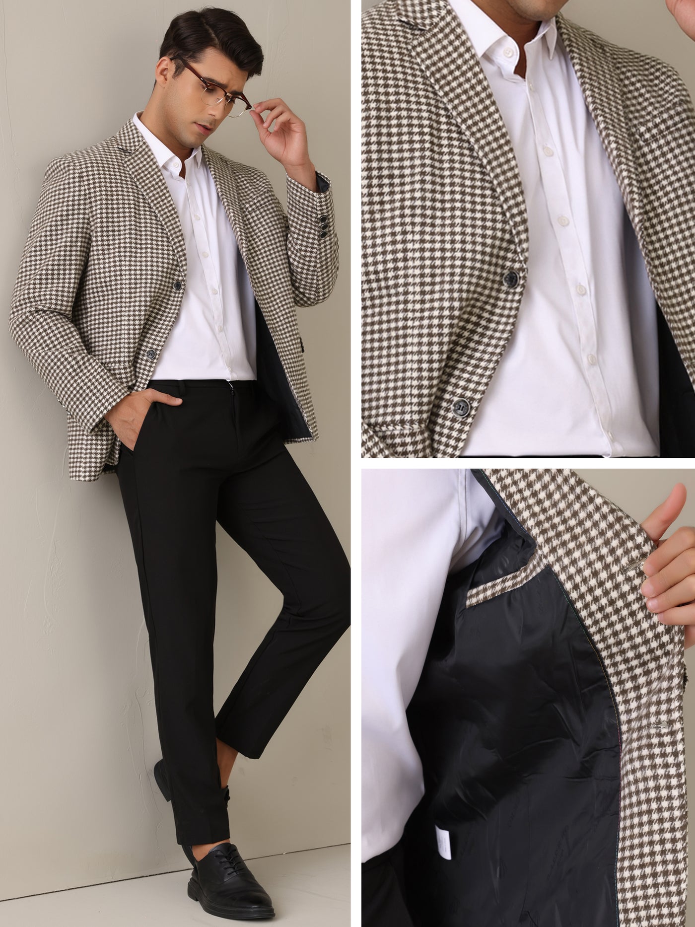 Bublédon Houndstooth Blazer for Men's Classic Fit Business Two Button Plaid Sports Coat