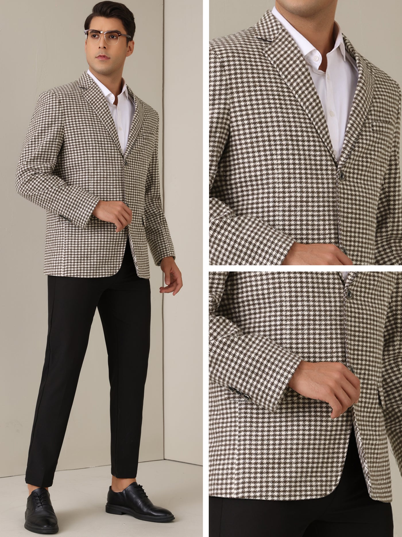 Bublédon Houndstooth Blazer for Men's Classic Fit Business Two Button Plaid Sports Coat