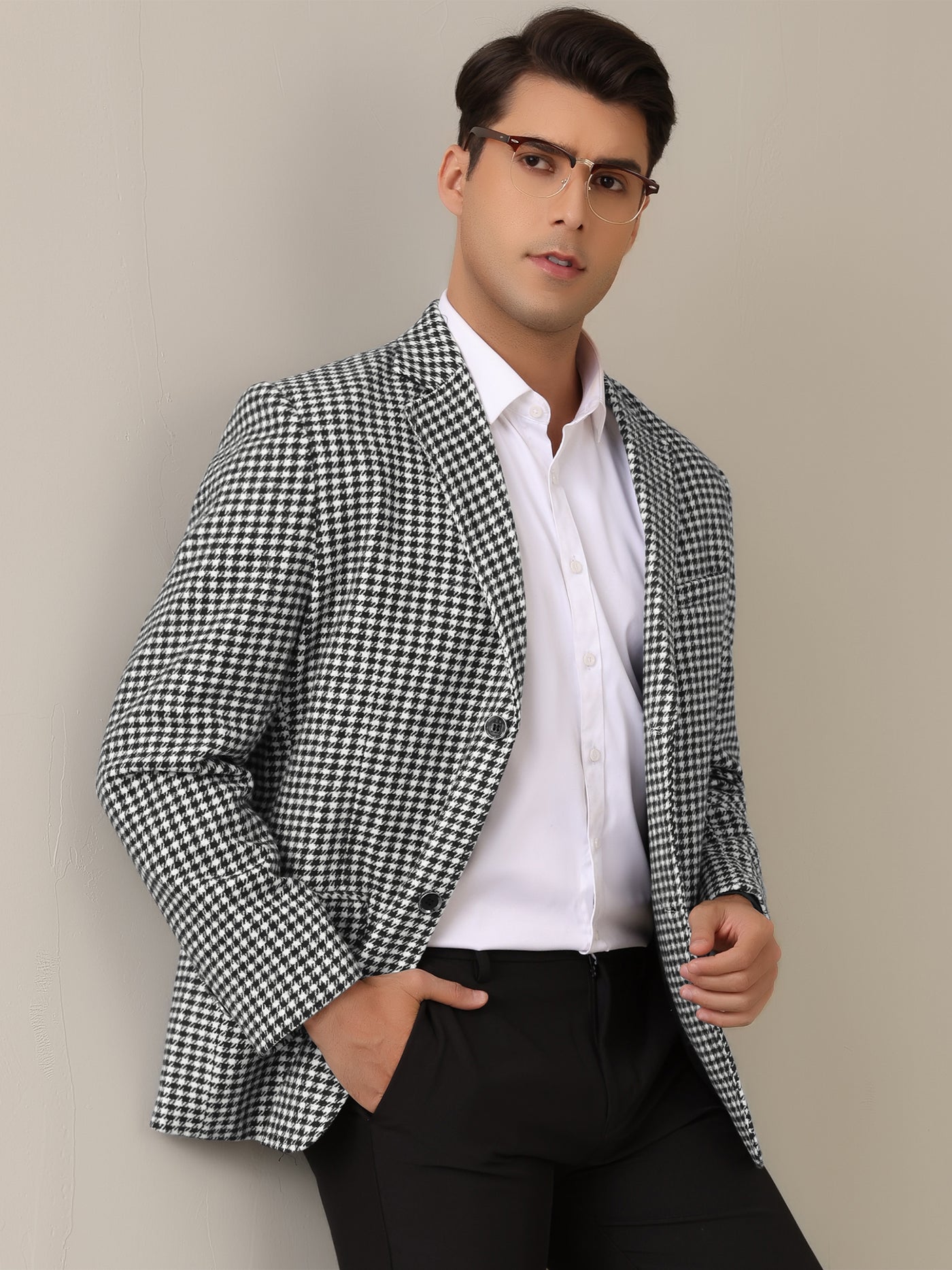 Bublédon Houndstooth Blazer for Men's Classic Fit Business Two Button Plaid Sports Coat