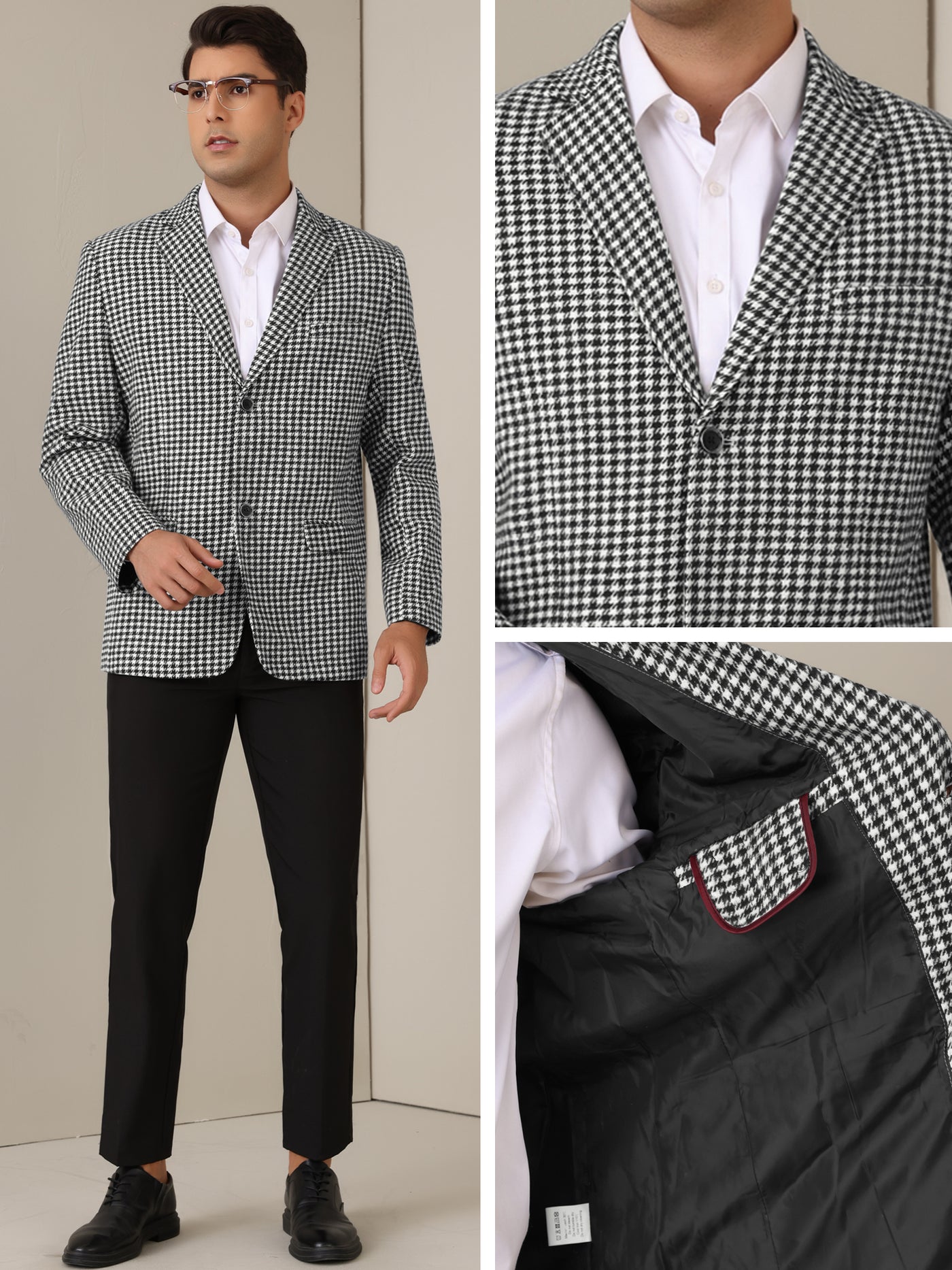 Bublédon Houndstooth Blazer for Men's Classic Fit Business Two Button Plaid Sports Coat