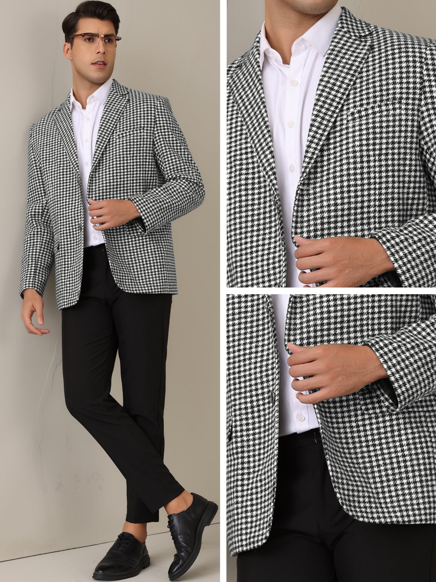 Bublédon Houndstooth Blazer for Men's Classic Fit Business Two Button Plaid Sports Coat