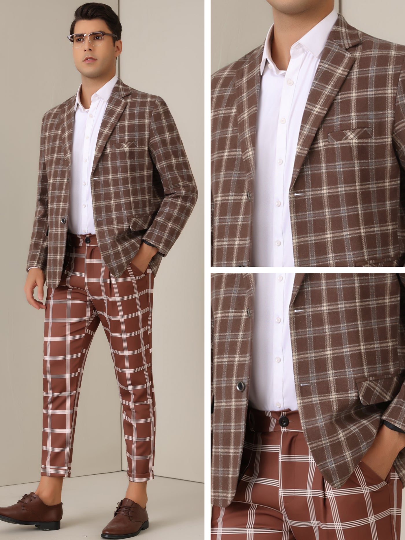 Bublédon Plaid Blazers for Men's Color Block Business Checked Patterned Sports Coat