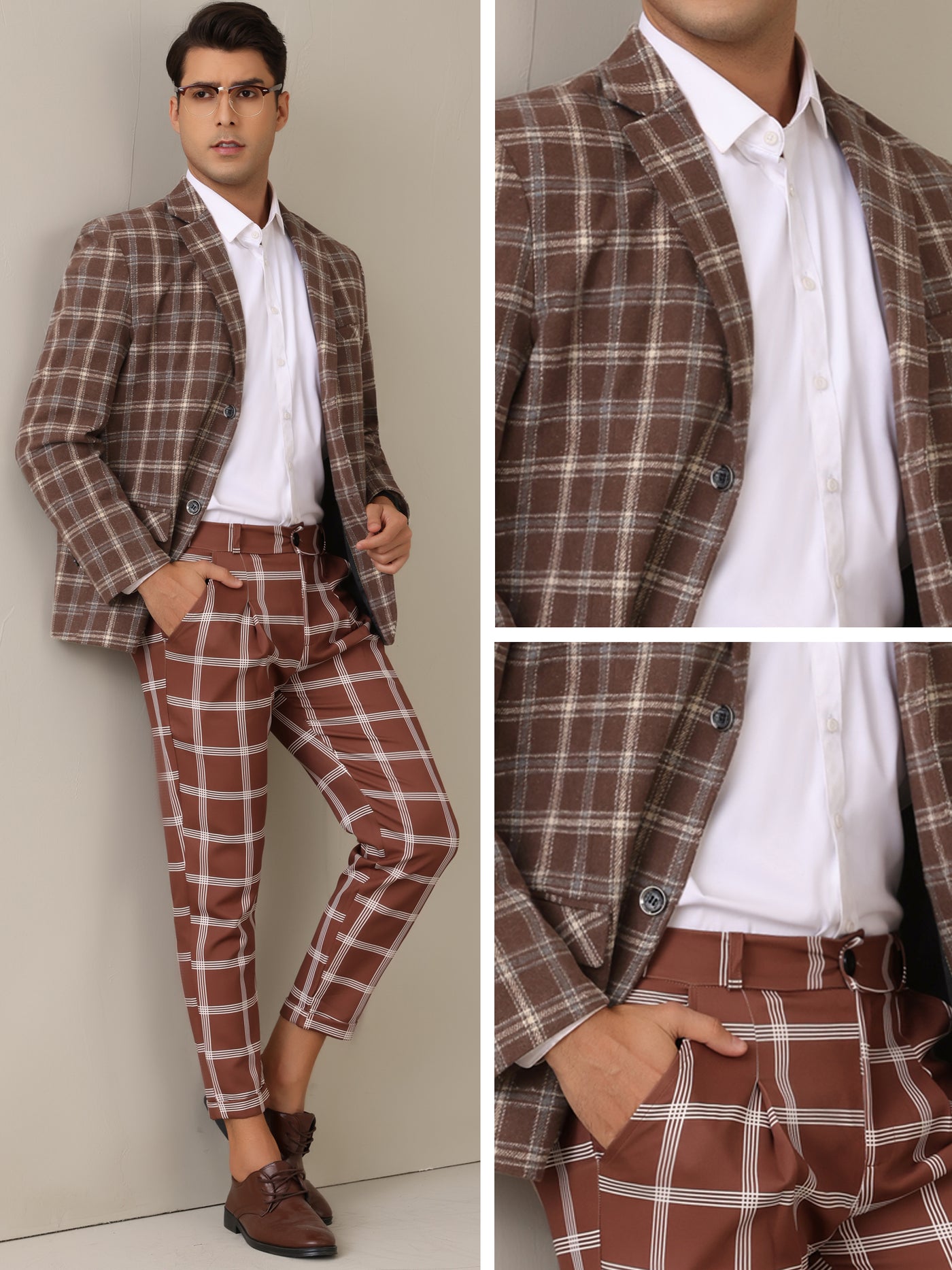 Bublédon Plaid Blazers for Men's Color Block Business Checked Patterned Sports Coat