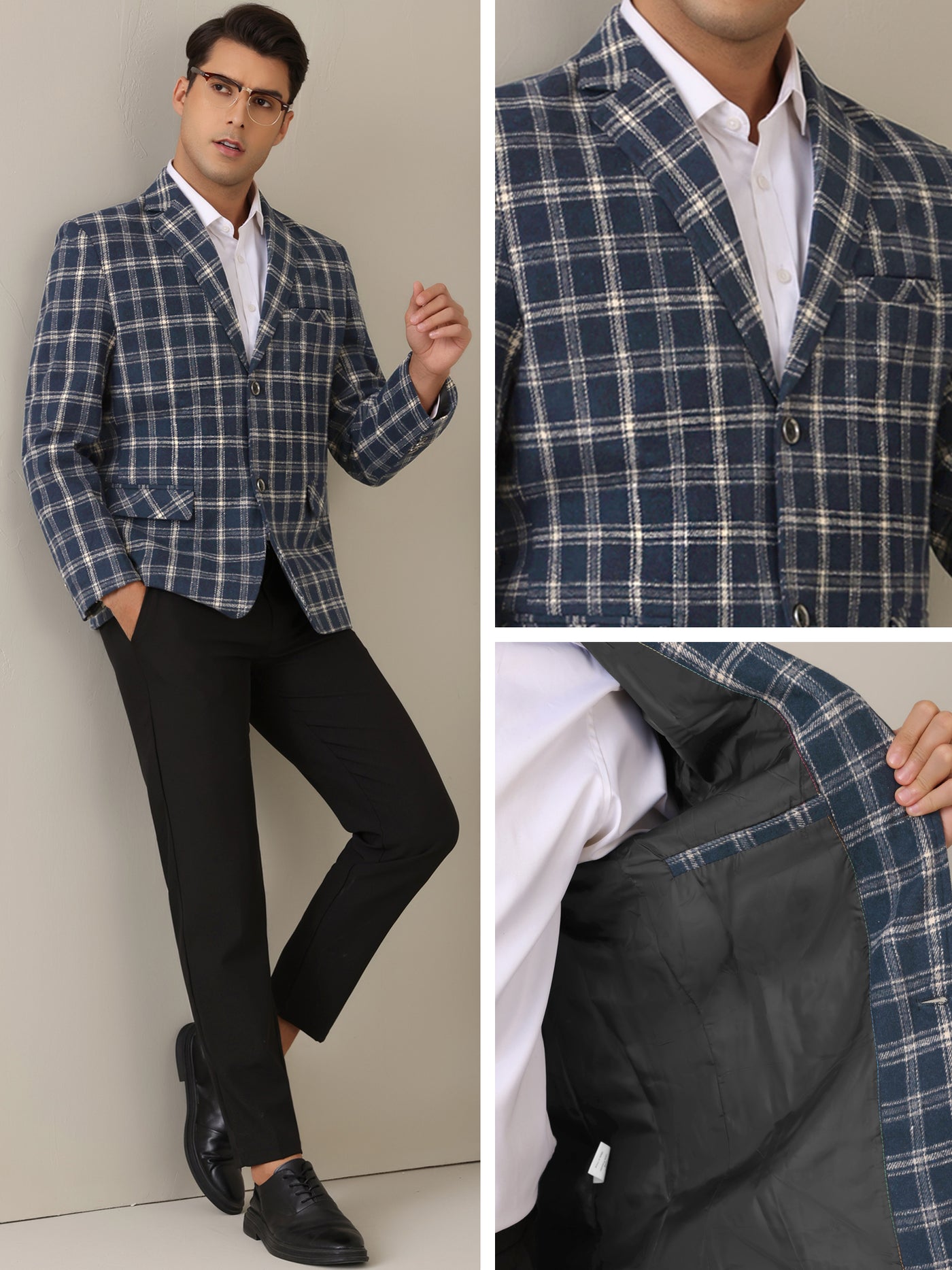 Bublédon Plaid Blazers for Men's Color Block Business Checked Patterned Sports Coat