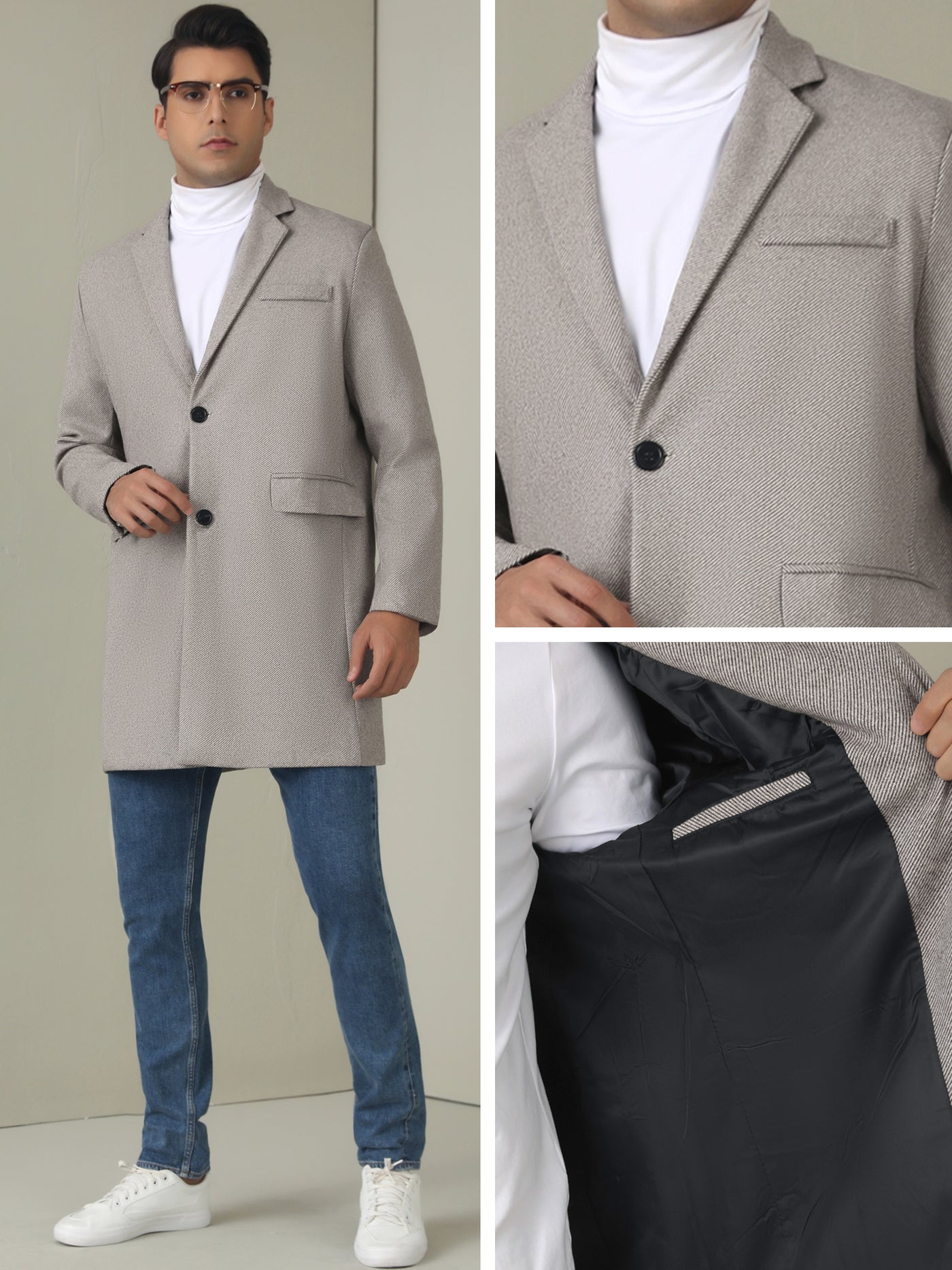 Bublédon Herringbone Overcoats for Men's Classic Fit Single Breasted Winter Trench Coat