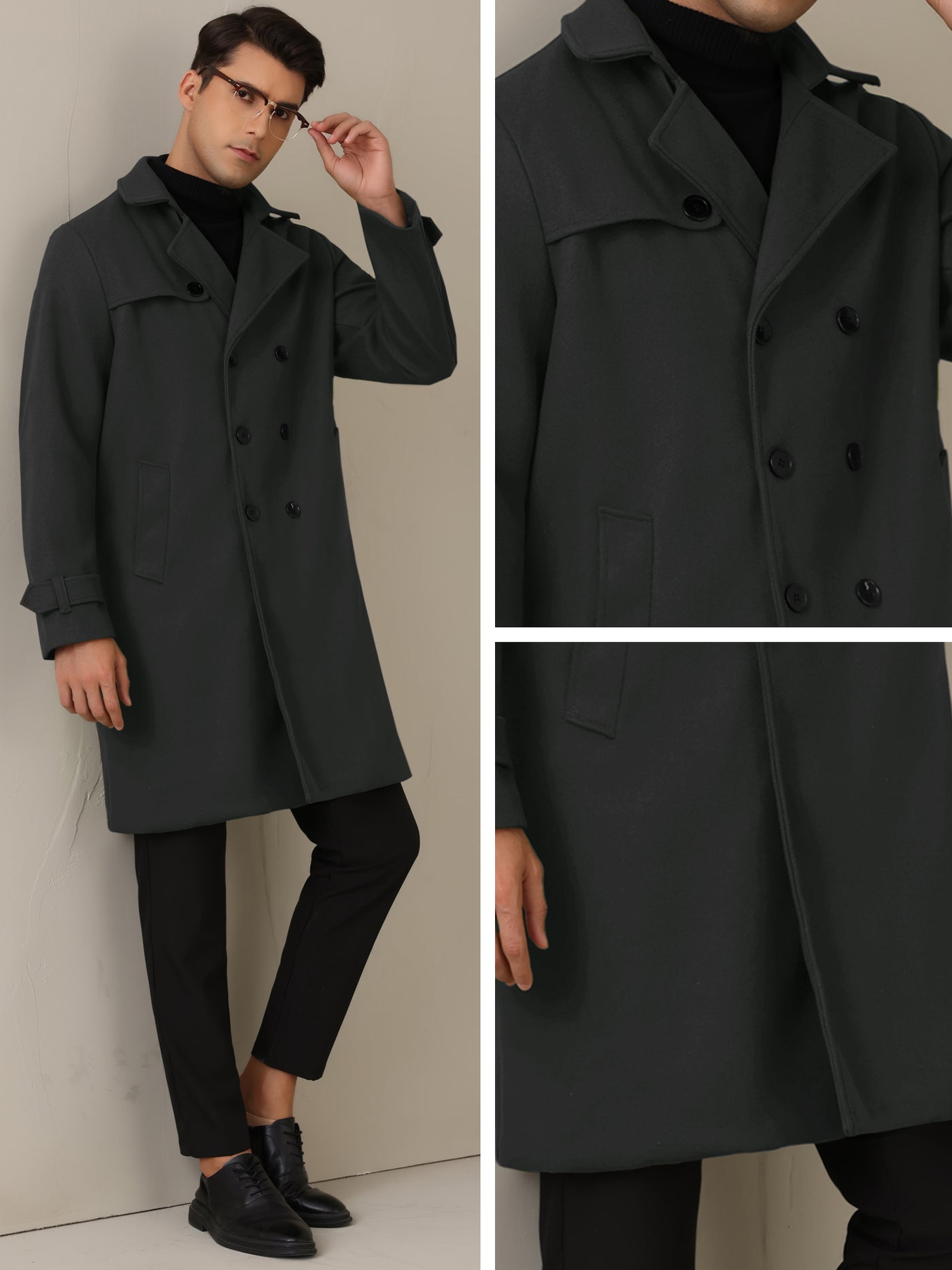 Bublédon Winter Trench Coat for Men's Double Breasted Formal Notched Lapel Long Overcoat