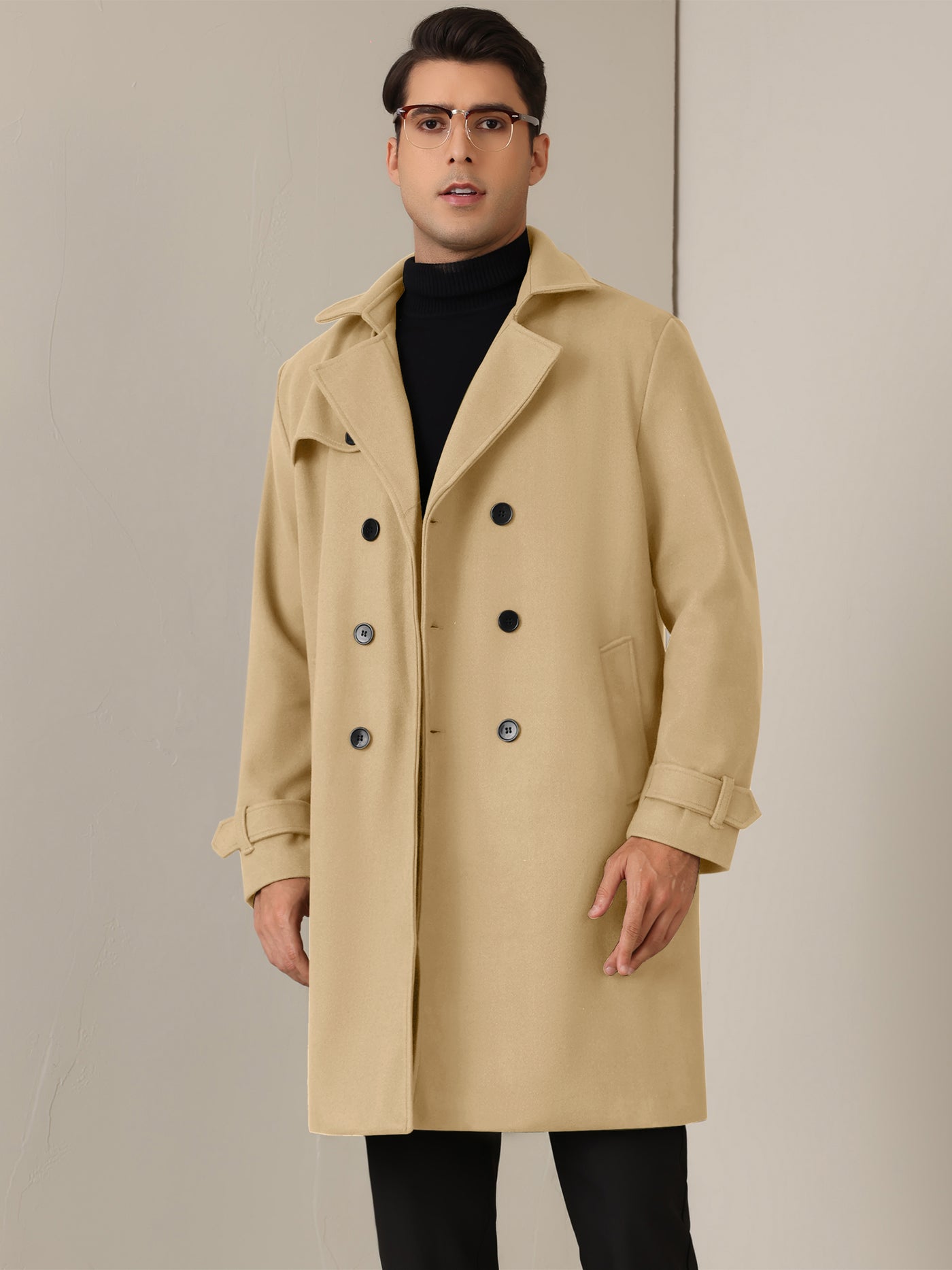 Bublédon Winter Trench Coat for Men's Double Breasted Formal Notched Lapel Long Overcoat