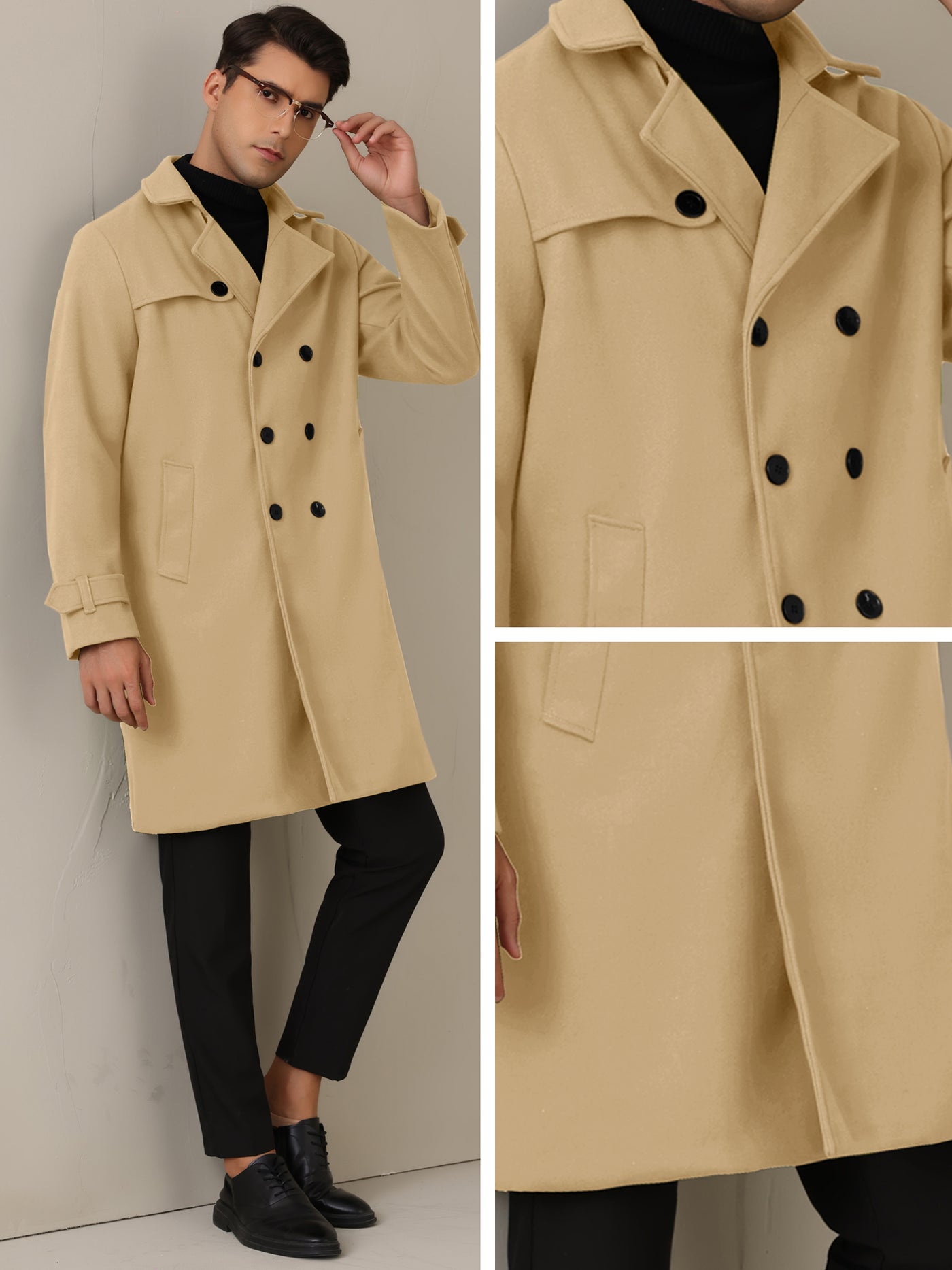 Bublédon Winter Trench Coat for Men's Double Breasted Formal Notched Lapel Long Overcoat