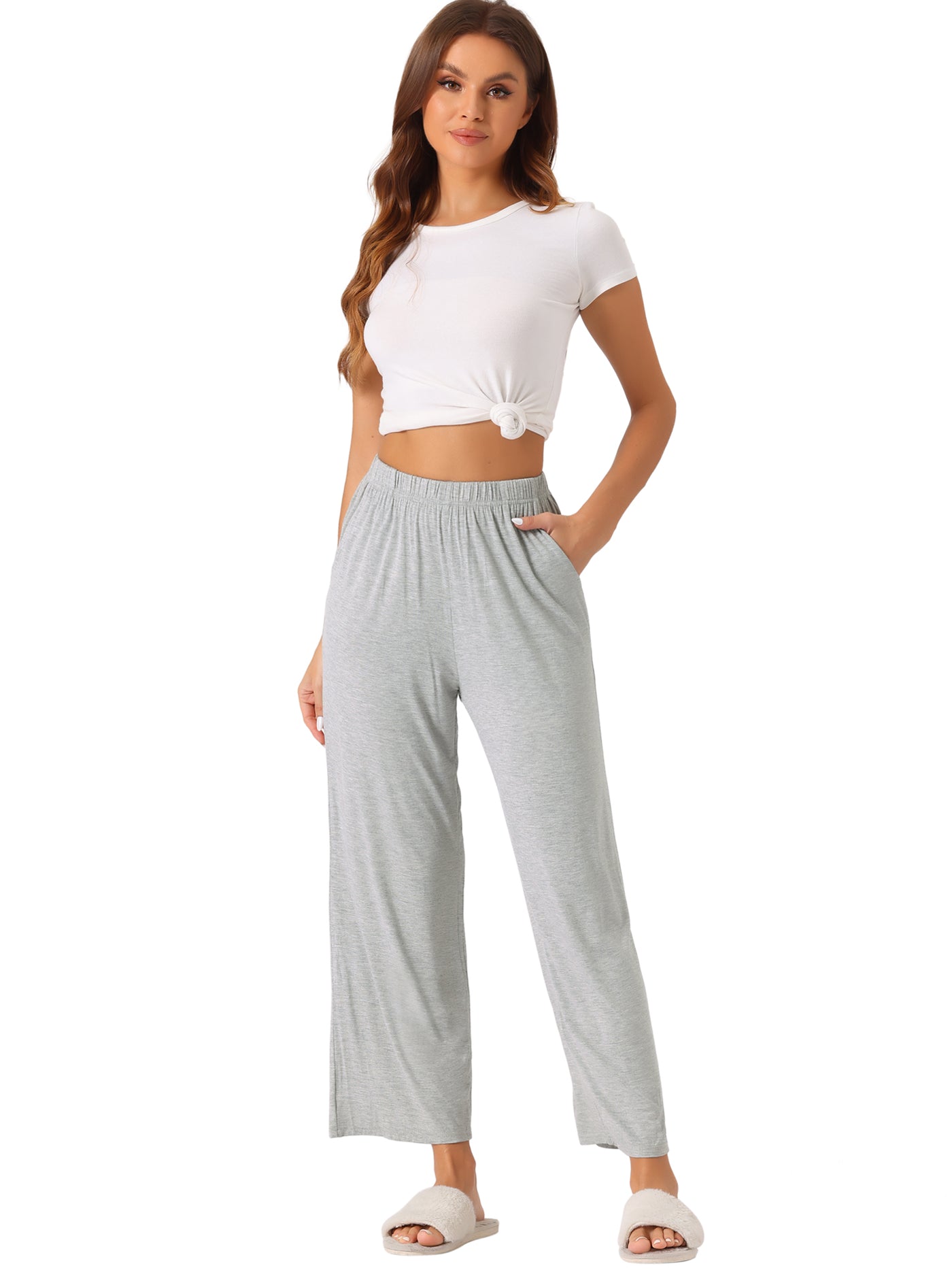 Bublédon Womens Cotton Elastic Waist Wide-Leg Straight Pants Sleepwear with Pockets