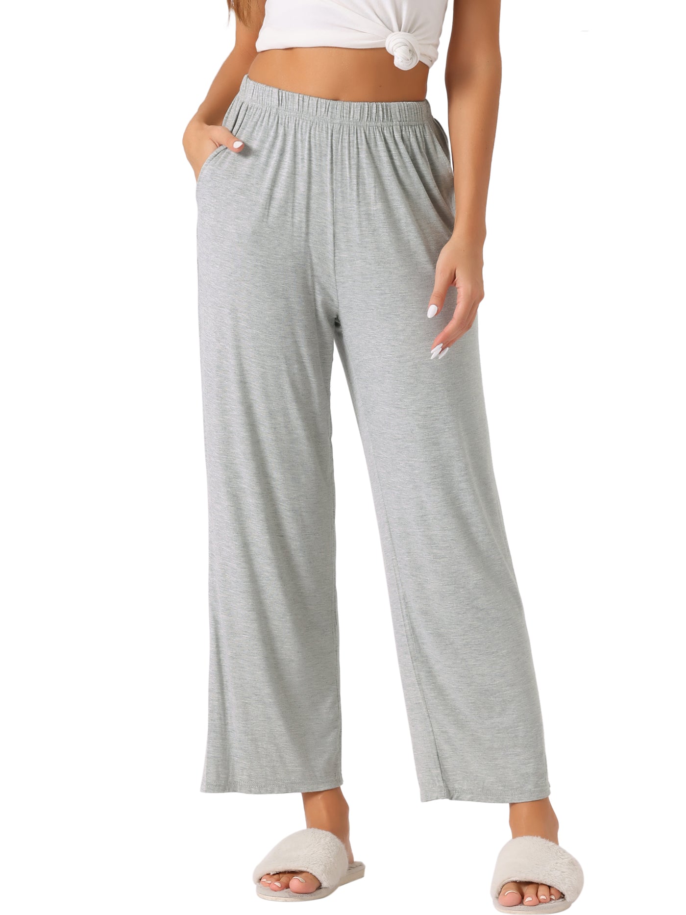 Bublédon Womens Cotton Elastic Waist Wide-Leg Straight Pants Sleepwear with Pockets