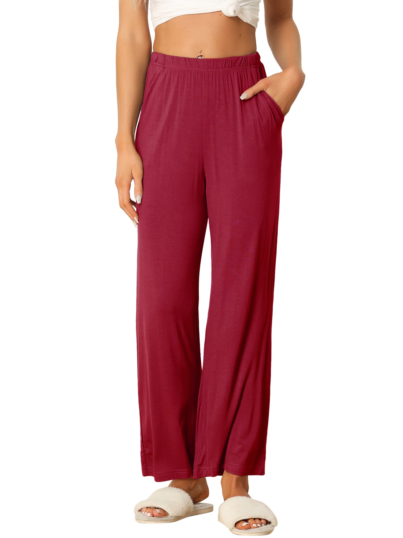 Bublédon Womens Cotton Elastic Waist Wide-Leg Straight Pants Sleepwear with Pockets