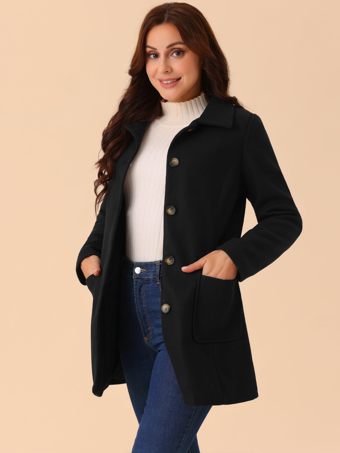 Bublédon Women's Winter Overcoat Mid-Long Casual Notch Lapel Single-Breasted Peacoat