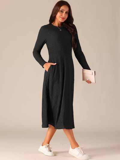 Bublédon Women's SpringFall Long Sleeve Round Neck Casual Knit A-Line Midi Dress