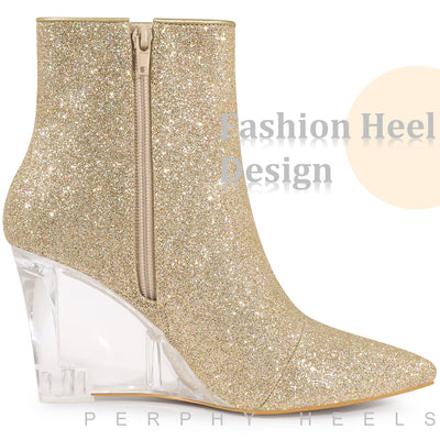 Sparkly Glitter Pointed Toe Clear Wedge Heels Ankle Boots for Women