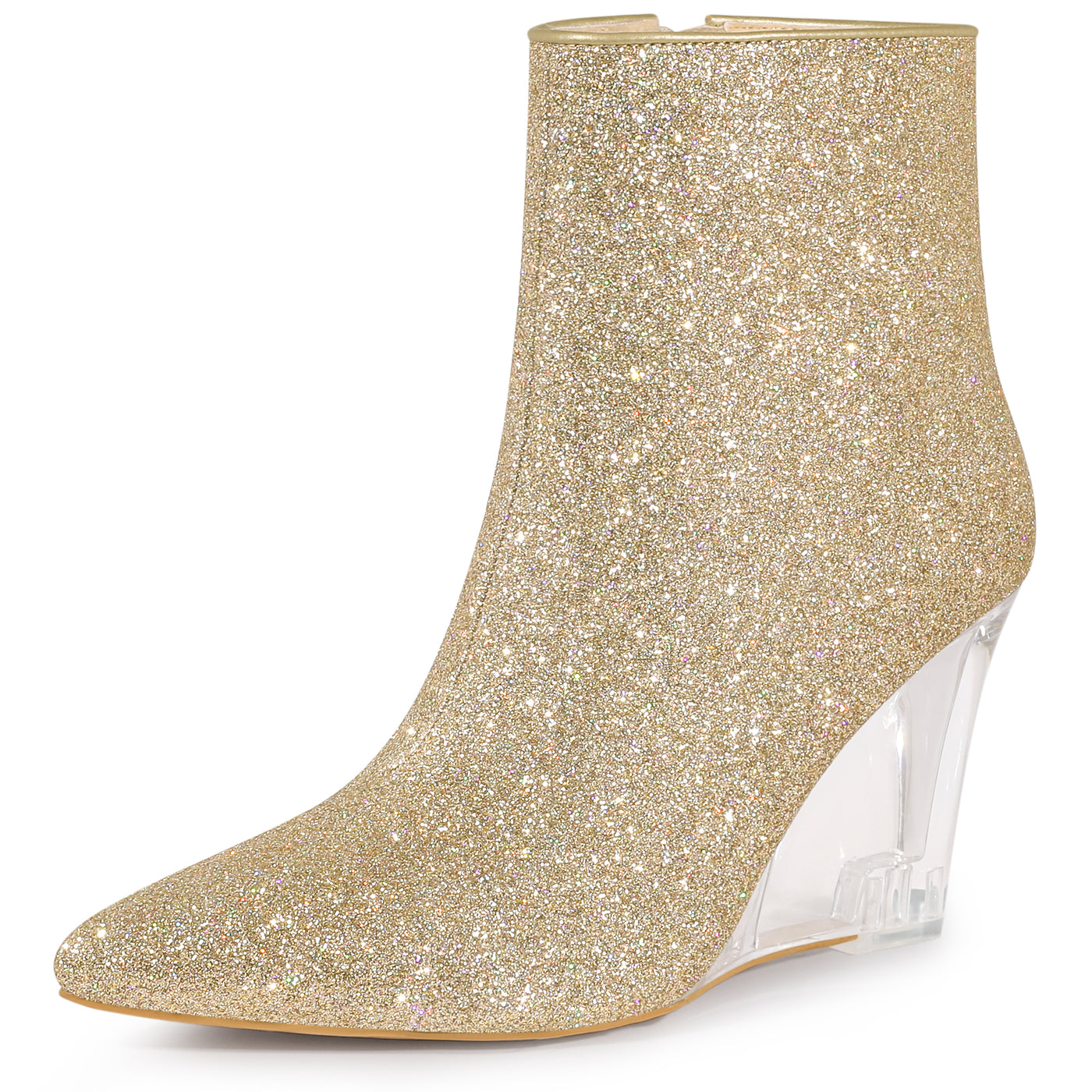 Bublédon Sparkly Glitter Pointed Toe Clear Wedge Heels Ankle Boots for Women