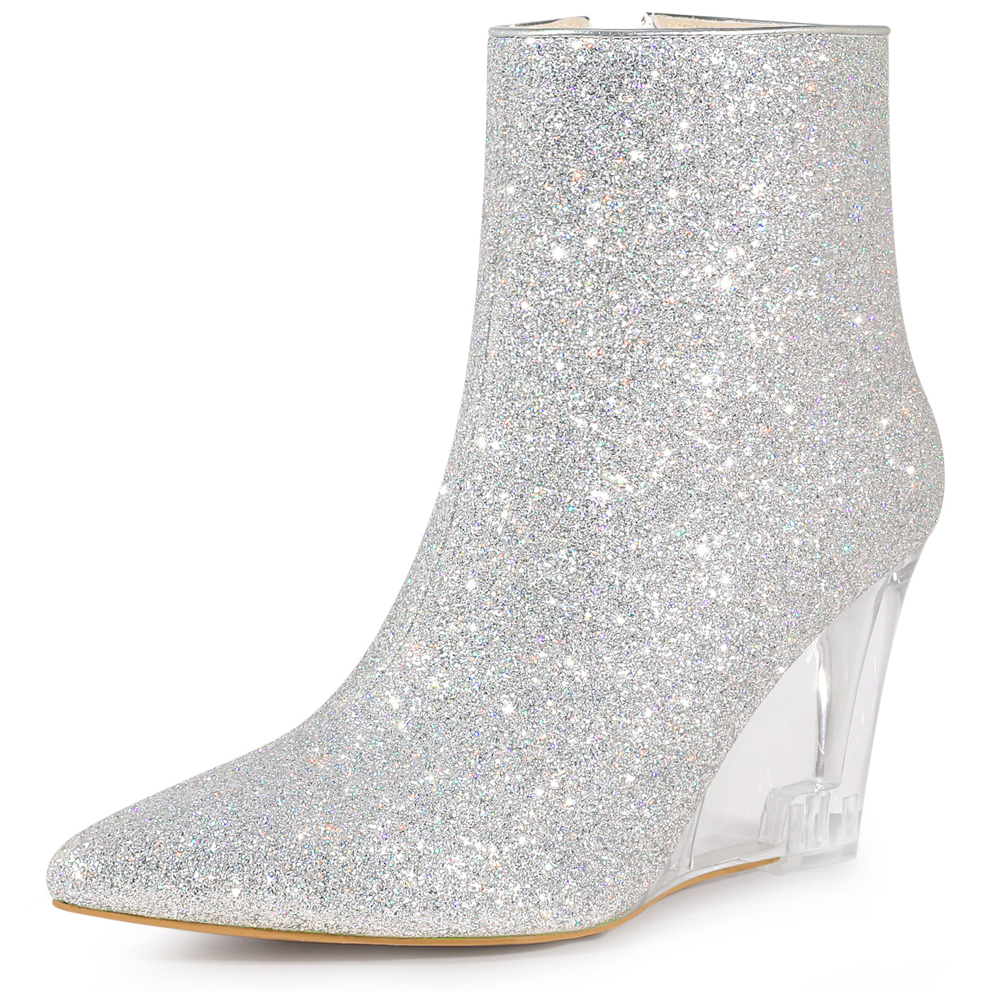 Bublédon Sparkly Glitter Pointed Toe Clear Wedge Heels Ankle Boots for Women