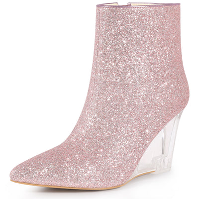 Bublédon Sparkly Glitter Pointed Toe Clear Wedge Heels Ankle Boots for Women