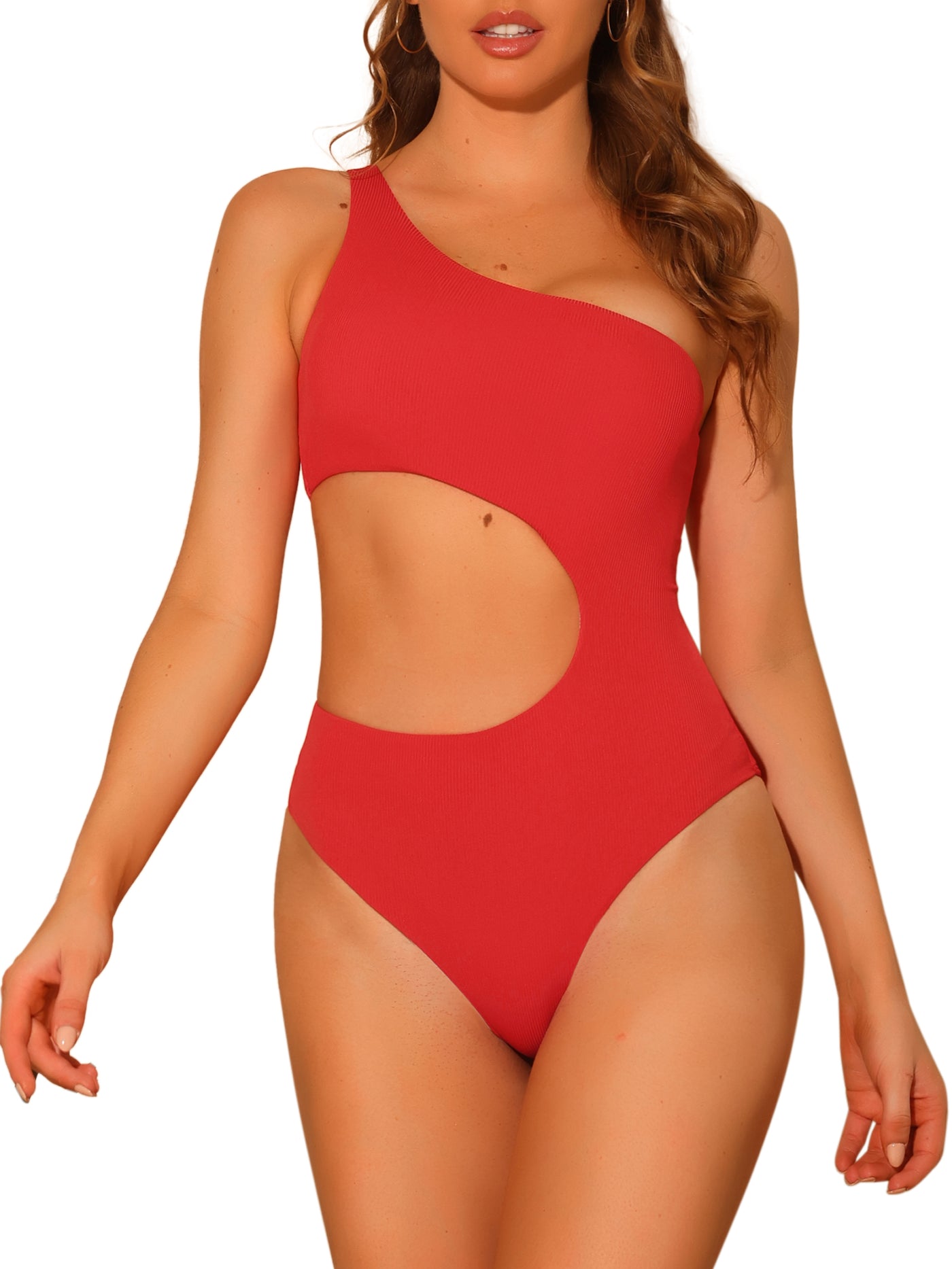 Bublédon Women's One-Piece One Shoulder Swimsuit, Asymmetric Waist Cutout Solid Swimwear Bathing Suit Monokini